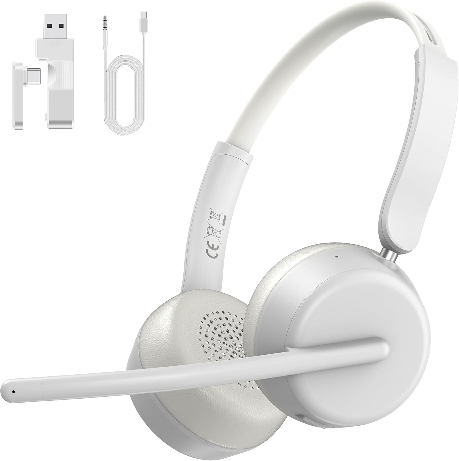 Wireless Headset with Mic for Work, Bluetooth 5.4 Headphones with AI Noise-Canceling Mic for Clear Calls, Wireless Headsets with Mic Mute & USB A/C Dongle for PC, Computer, Laptop, White