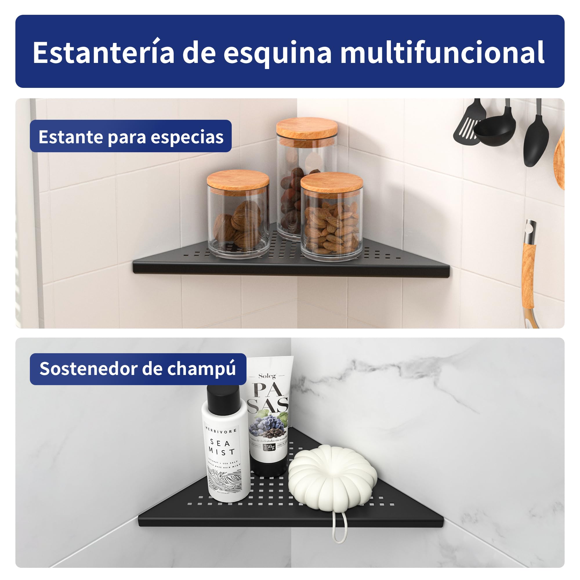 Estantería de esquina para ducha, sin necesidad de perforar, de acero inoxidable 304, para baño, soporte para champú, organizador, agujero cuadrado, 254 * 254 * 355 mm, negro, 2 piezas