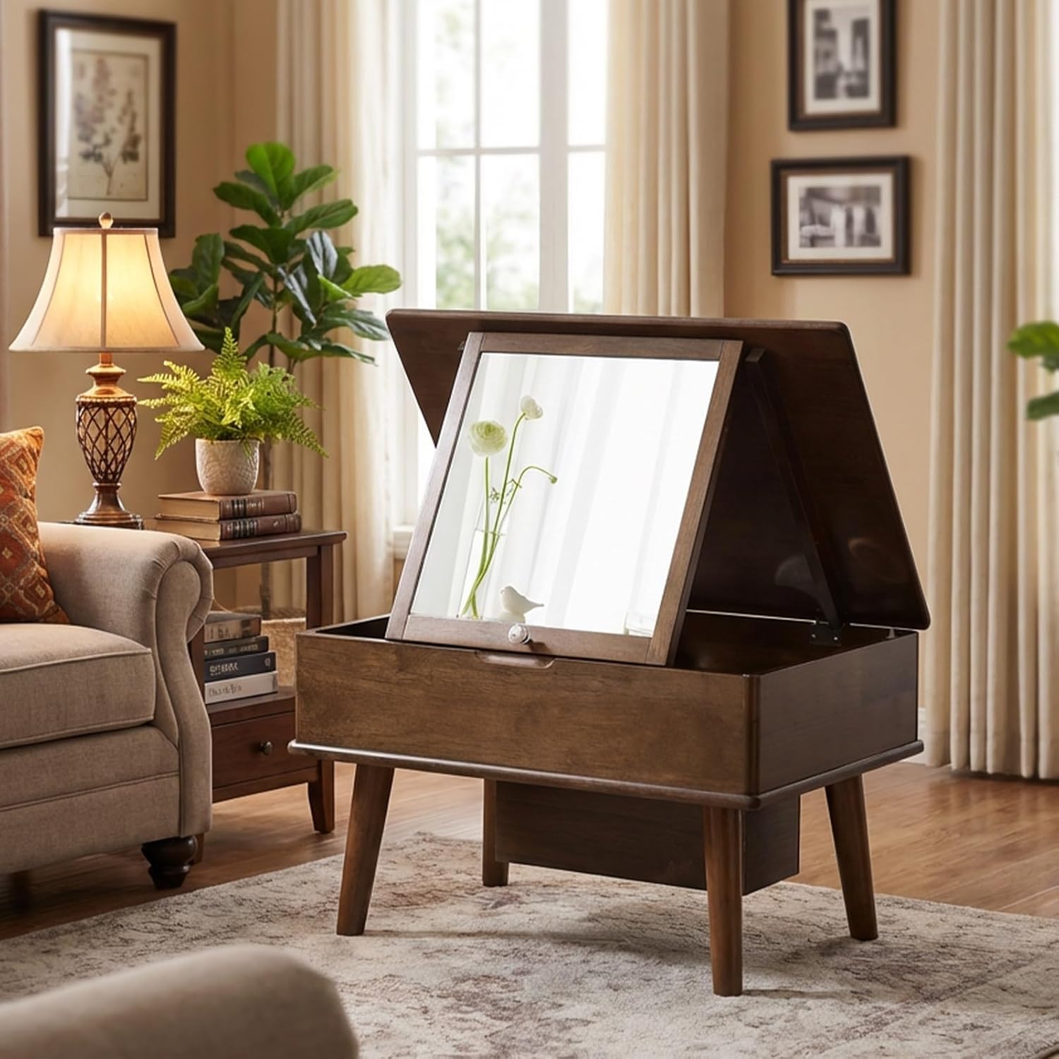 Solid Wood Small Vanity Desk with Flip Top Mirror, Compact Vanity, 4 Storage Compartments Dustproof Slim Dressing Table for Small Space, Bedroom, Living Room