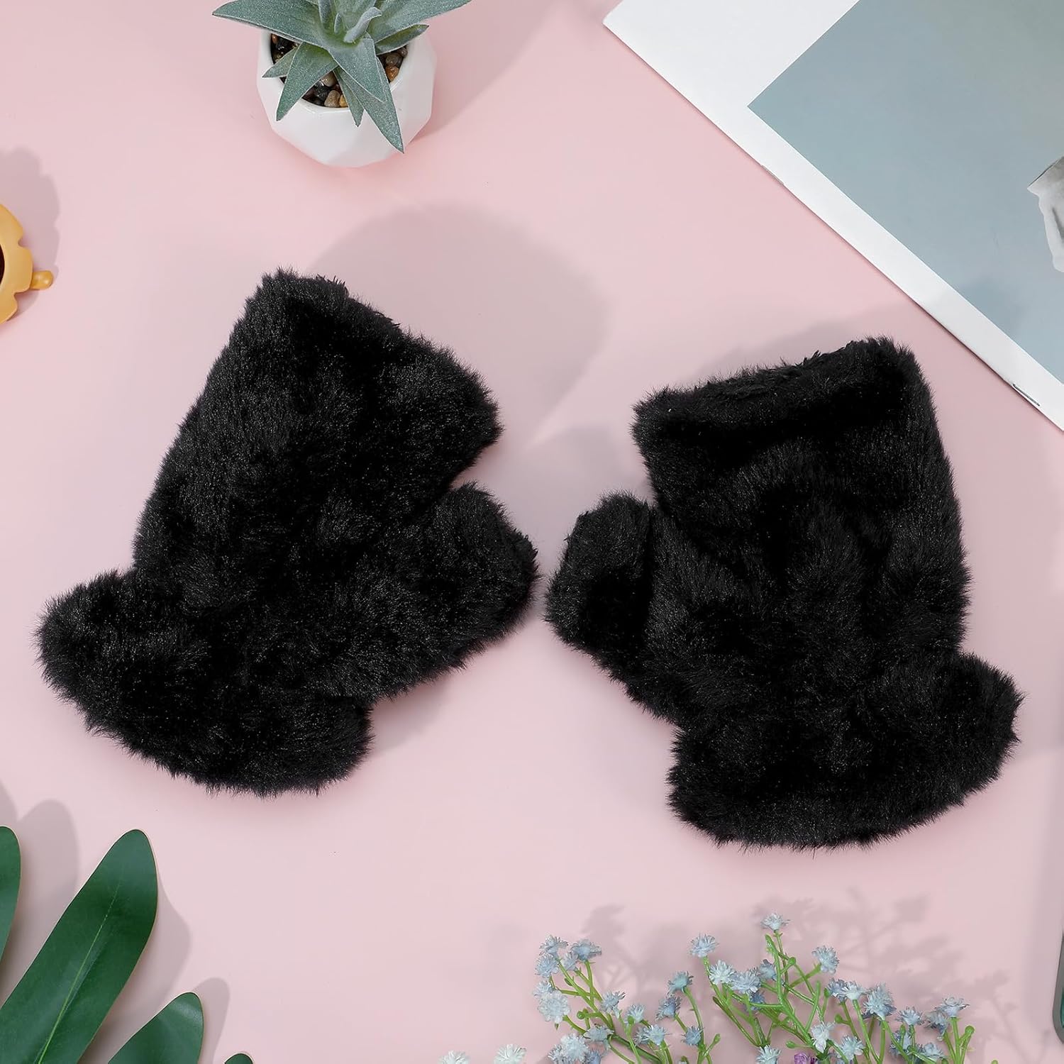 Grevosea Fingerless Gloves for Women, Winter Warm Gloves Soft Furry Glove for Running Biking Driving Typing Halloween Cosplay - Image 8