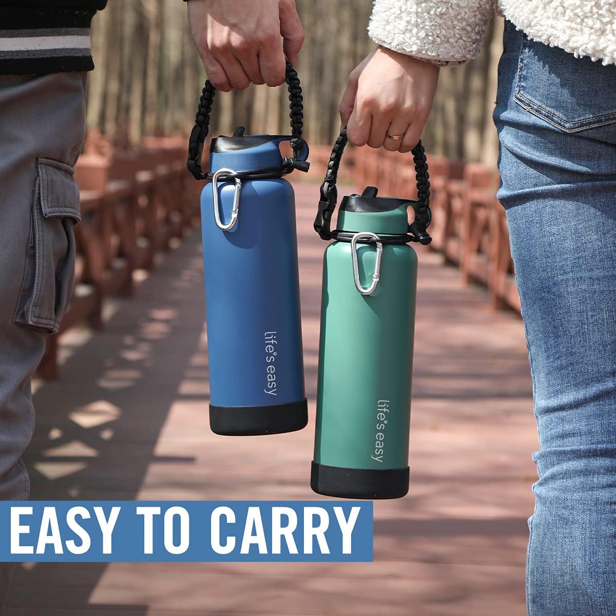 Life's Easy Stainless Steel Insulated Water Bottle - Sports Water Bottle w/Straw Lid and Paracord Carabiner Handle Carrier- Vacuum Flask for Hot & Cold Drinks - Great for Travel & More (Blue, 40 oz)