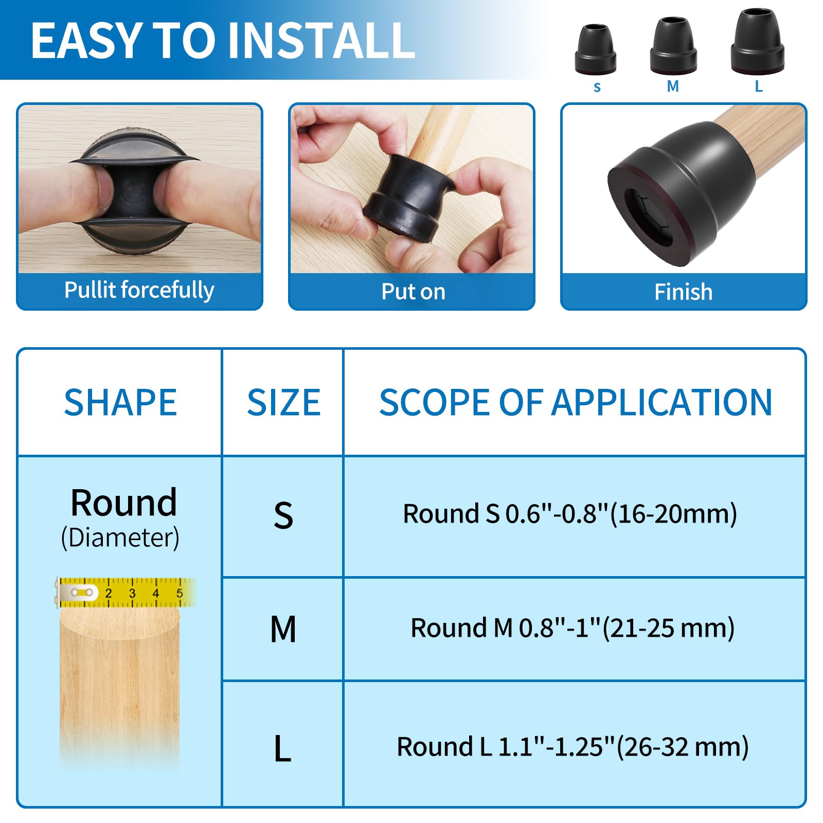 Ezprotekt 32*Chair Leg Covers, 0.75" Black Silicone Chair Leg Floor Protectors with Wrapped Felt - Image 3
