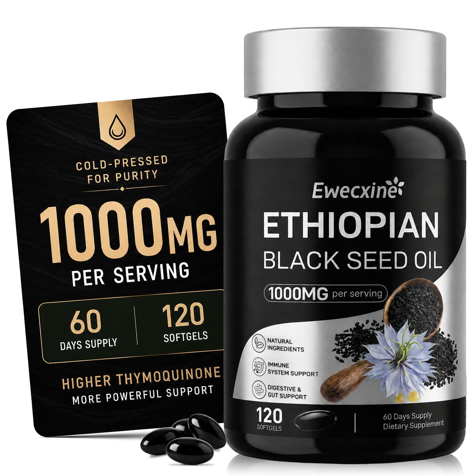 Ethiopian Black Seed Oil Softgels 1000mg Cold Pressed, 120 Count