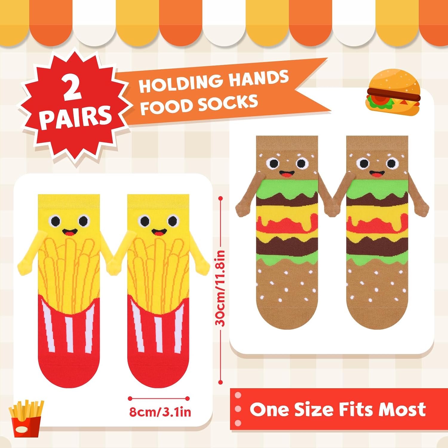 2 Pairs Magnetic Holding Hands Food Socks, Funny Burger Fries Food Socks That Hold Hands, Gifts for Foodie Men Women