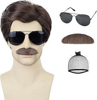 Short Brown Mens Wig With Mustache and Glasses 70s 80s Halloween Costume Cosplay Party Funny Wig (4pcs Set)