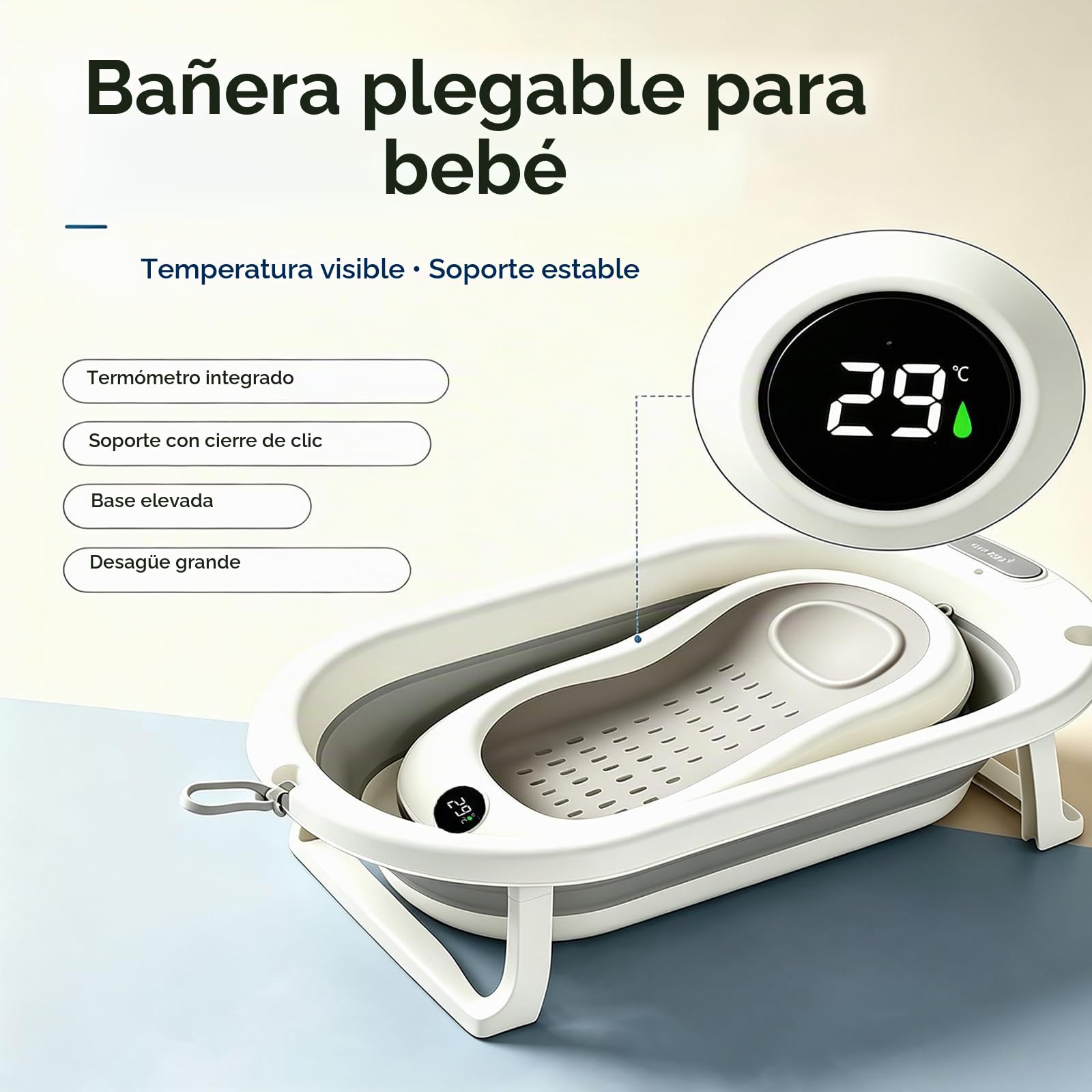 Bañera plegable para bebé, termómetro impermeable integrado, estructura reforzada estable sin tambalearse, gran drenaje rápido, soporte aislado en el suelo, forma redonda ergonómica
