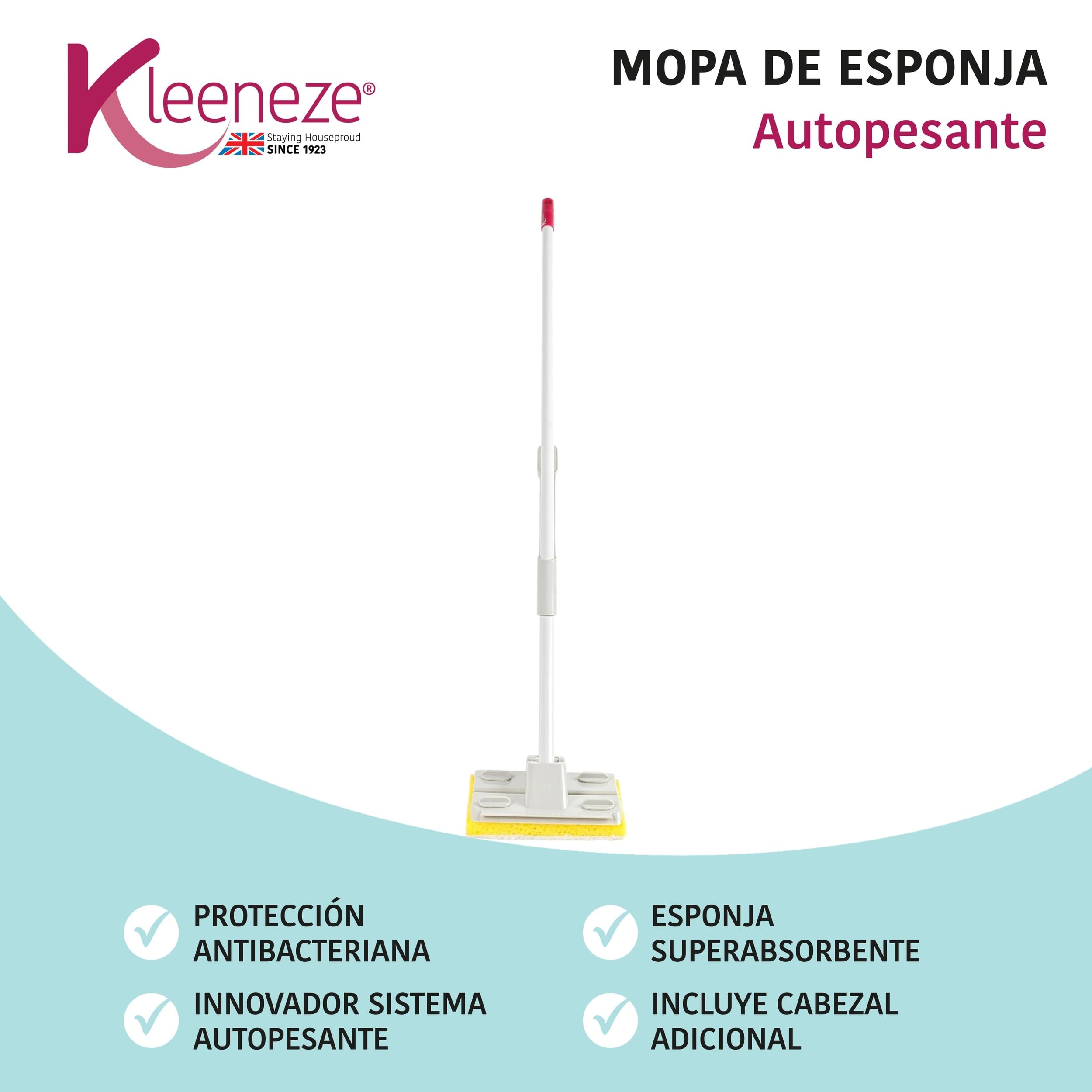 Kleeneze KL077332UFEU7 Mopa de esponja antibacteriana con recambio, Tratada con protección antibacteriana, Superabsorbente, Potente acción de escurrido, Incluye cabezal de mopa adicional
