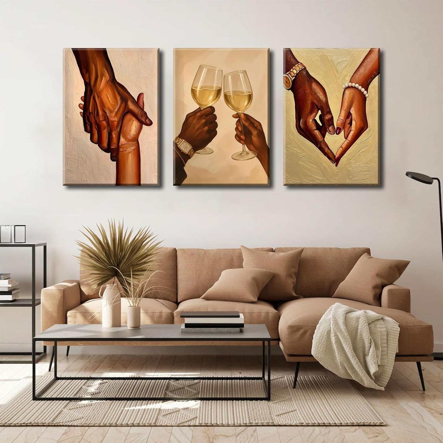 3Pcs Black Couple Canvas Wall Art Black Love Wall Decor Pictures African American Couple Holding Hands Posters Prints for Living Room Bedroom Decoration 16x24in