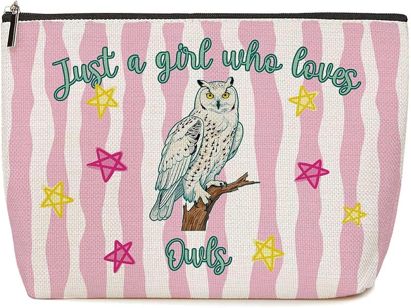 Necessaire de maquiagem Lovdazzles com estampa listrada rosa e coruja