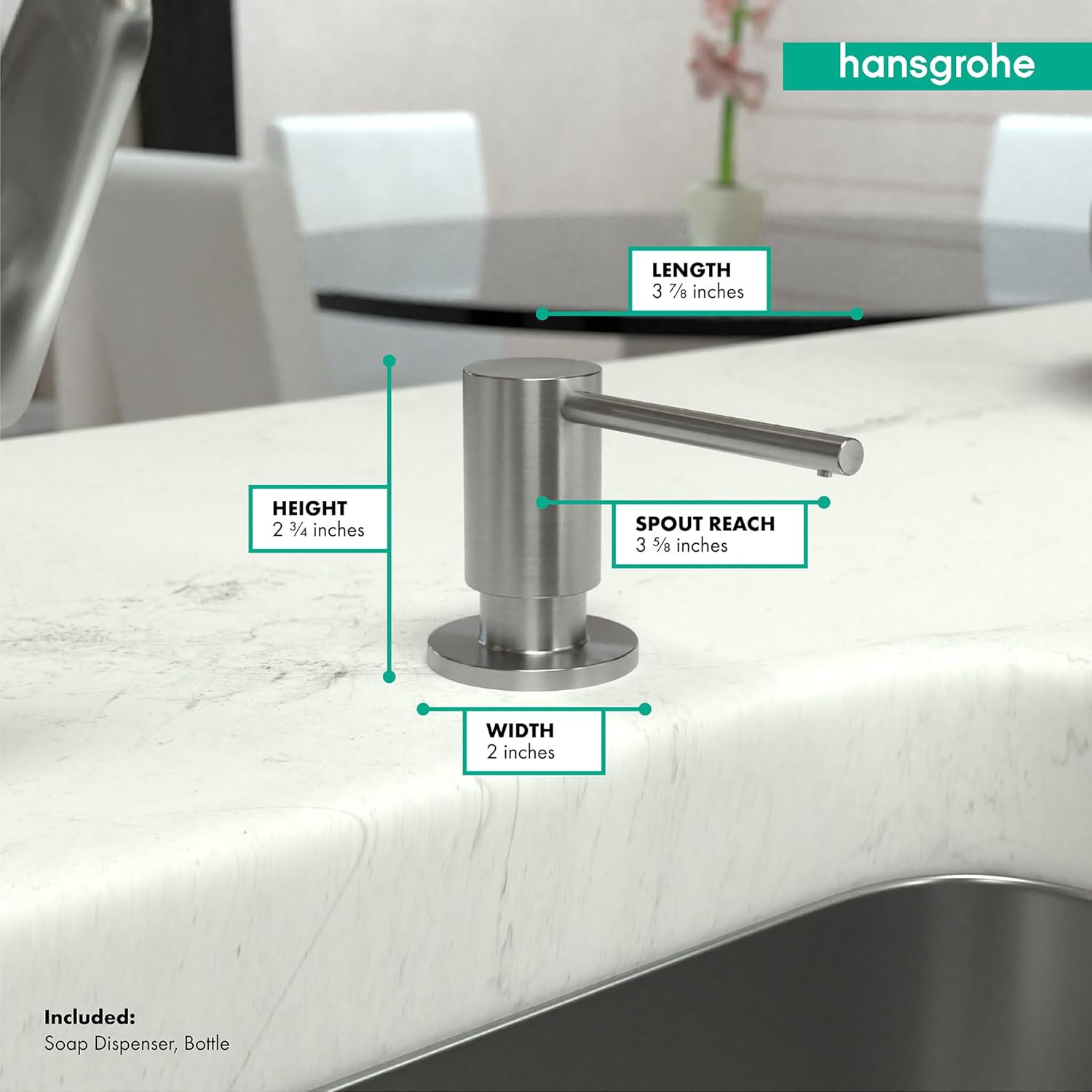 Diagram showing dimensions and included parts of hansgrohe Focus Soap Dispenser