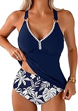 Aleumdr Tankini Swimsuits for Women 2 Piece Tummy Control Bathing Suit V Neck Tankini Top with High Waisted Bottom