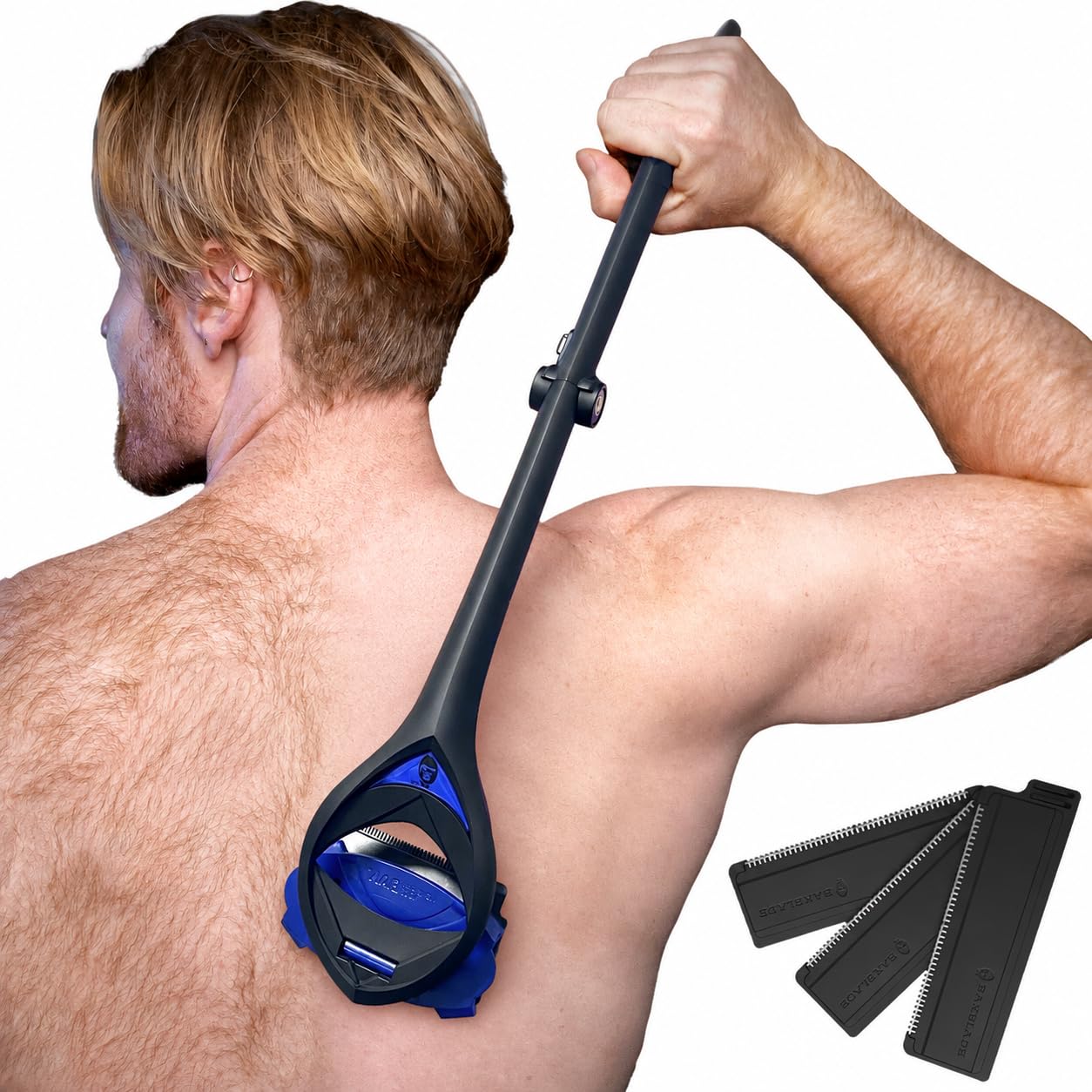 BakBlade 3.0 Stealth Back Shaver for Men Long Handle Edition With Dual-Grip | 23" Long Ergonomic Handle, Exfoliator Brush Included, 3 Rows of Blades, Wet & Dry Shaving, Includes Our Safe Dryglide Blad