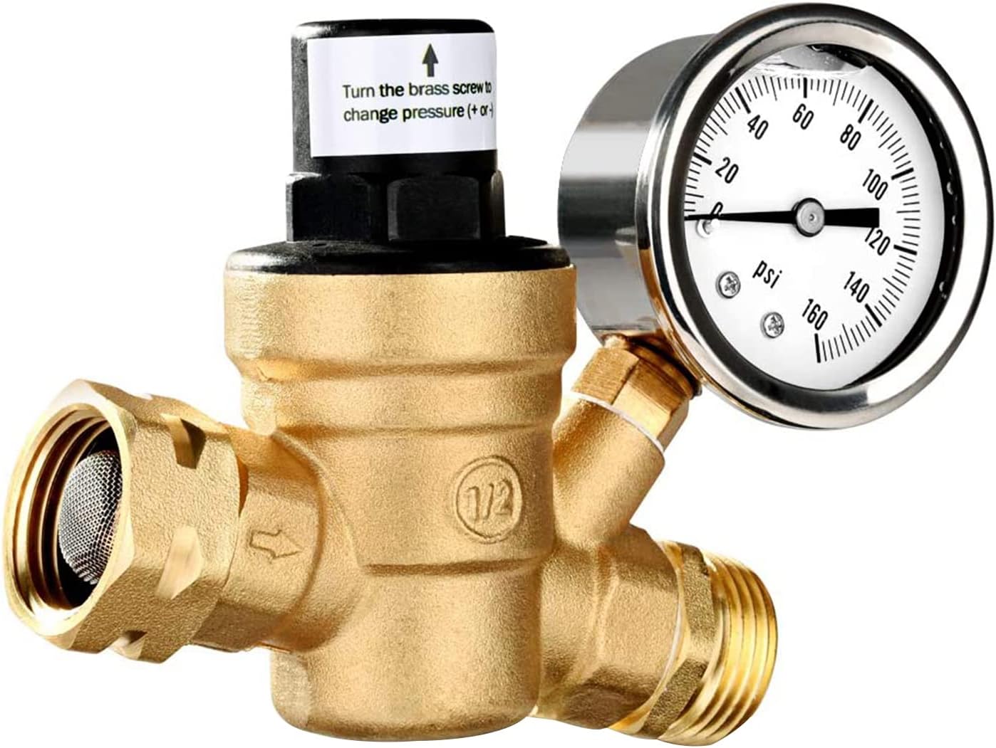 Regulator ciśnienia wody, zawór regulatora ciśnienia wody, ołów-mosiężny, regulowany reduktor ciśnienia wody z manometrem 0-160 PSI i filtrem wlotowym z siatką do przyczepy kempingowej