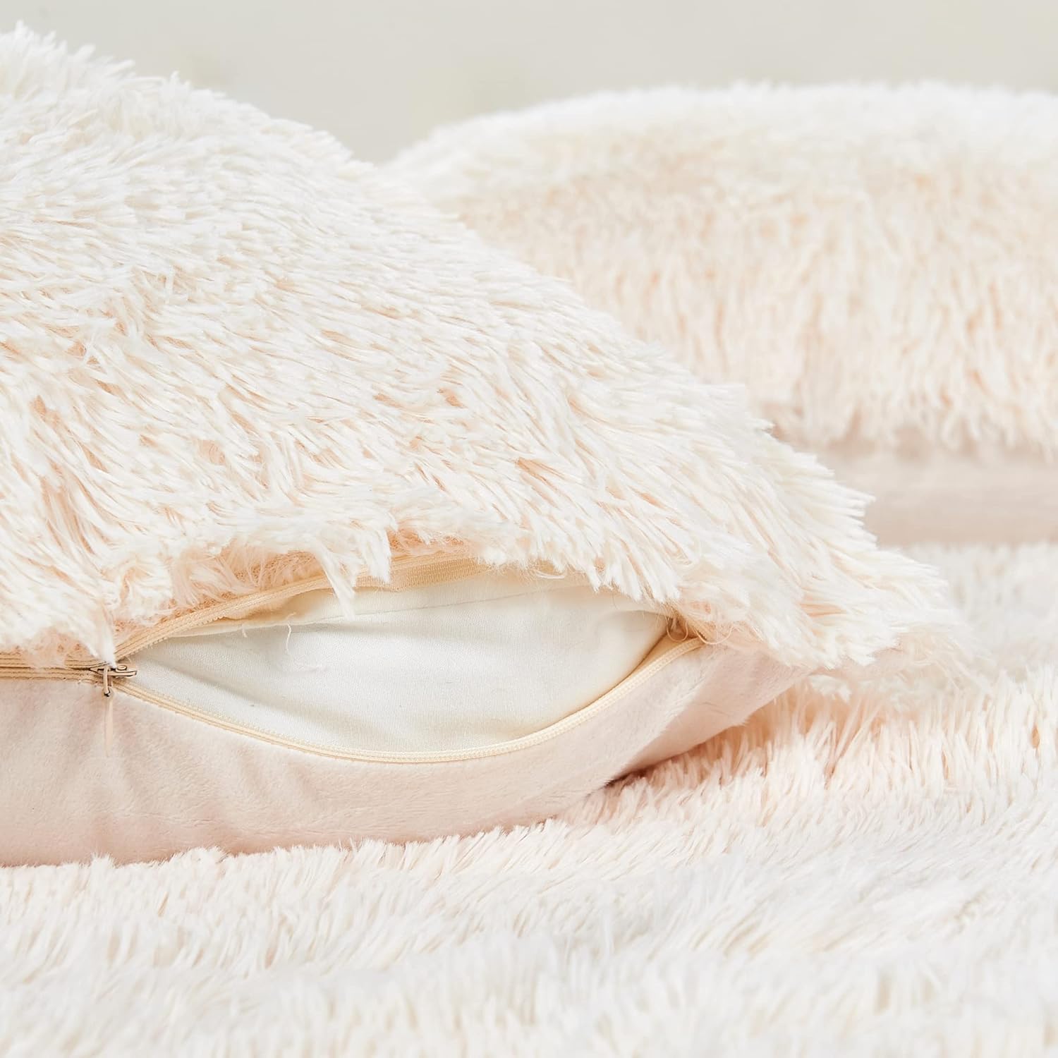 Shaggy Furry Fluffy Faux Fur Decorative Euro Throw Pillow Covers 26 x 26 Inches Set of 2, Plush Soft Luxury Cushion Case Pillowcase for Couch Bed Car Bedroom Living Room, Cream
