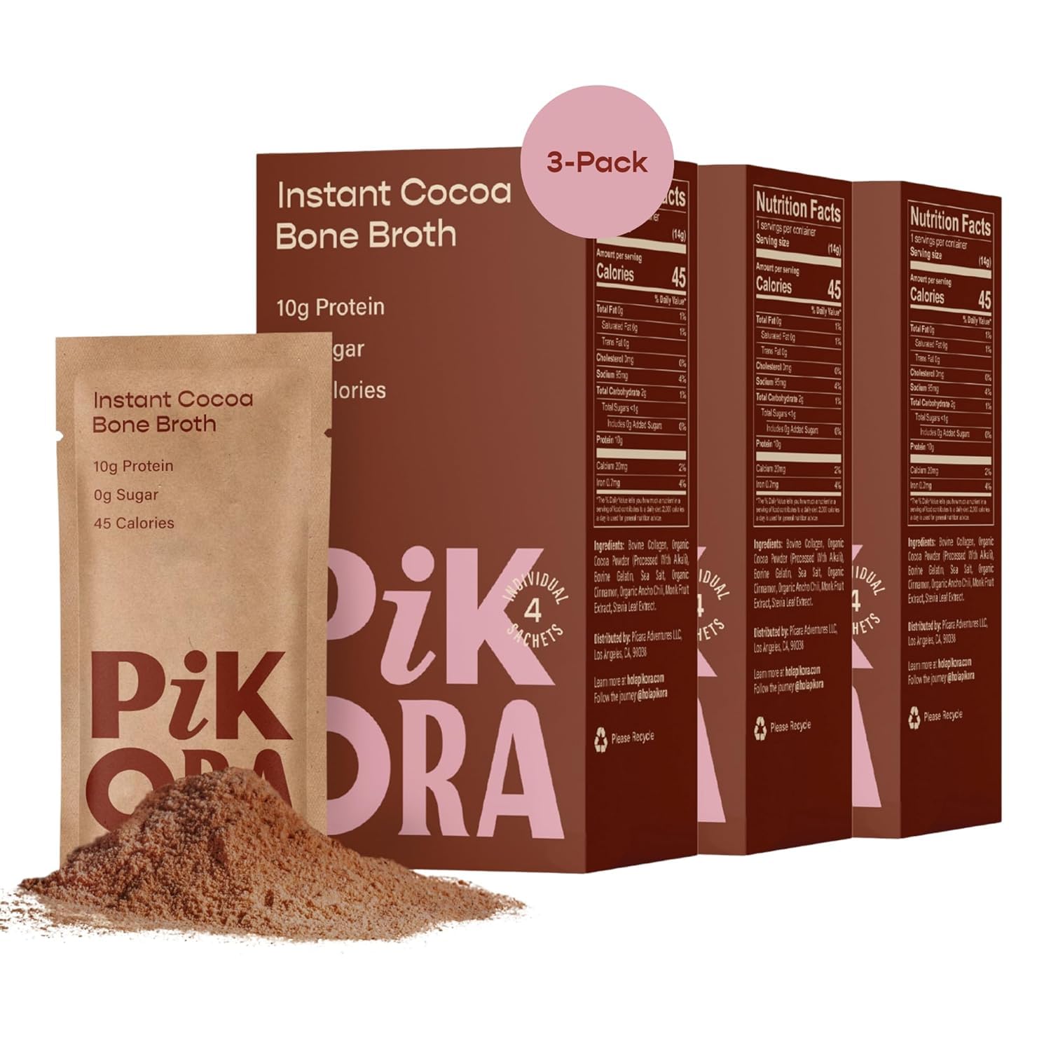 Chocolate Bone Broth Instant Powdered Mix (3 Pack, 12 Servings) | High-Protein, Gluten-Free, Collagen-Rich, No Sugar, Keto & Paleo Friendly | 10g Protein, 45 Calories per Serving