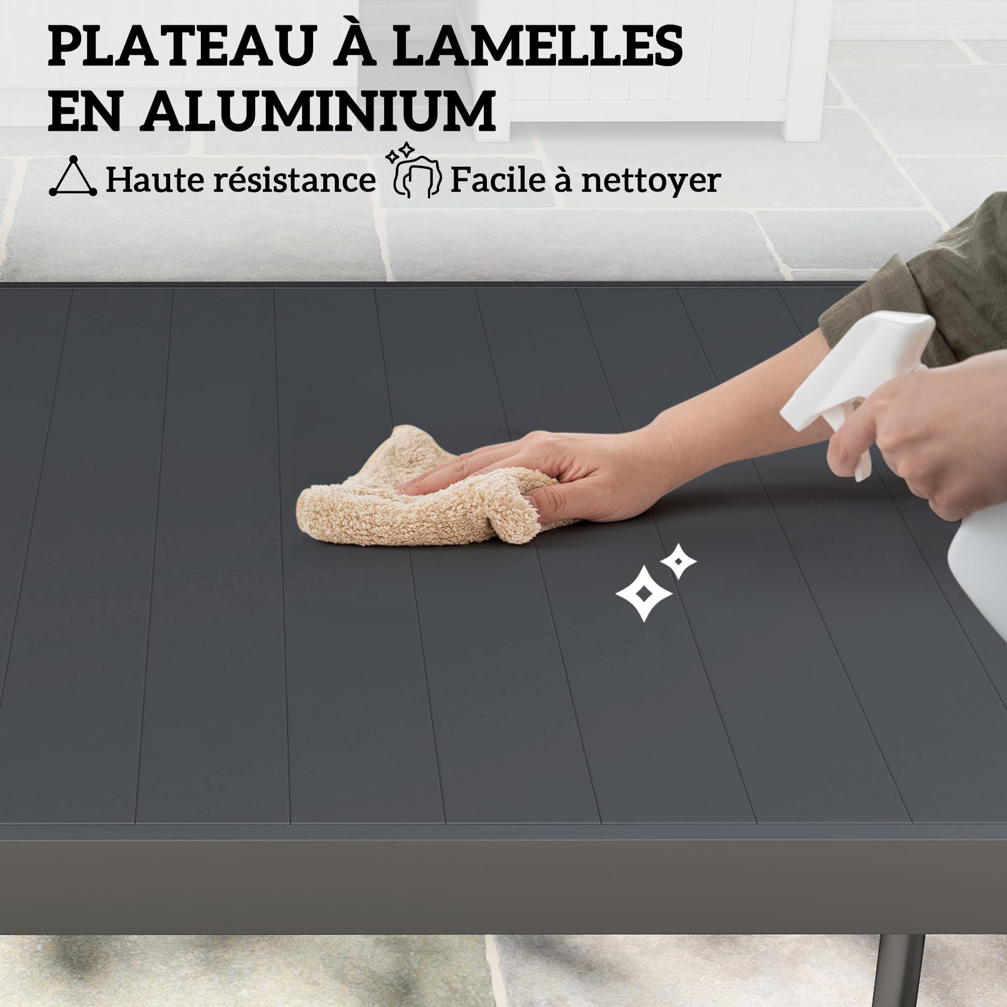 Outsunny Table à Manger de Jardin en Acier pour 8 Personnes, Plateau à Lattes Rectangulaire, Anti-Rouille, Gris Foncé