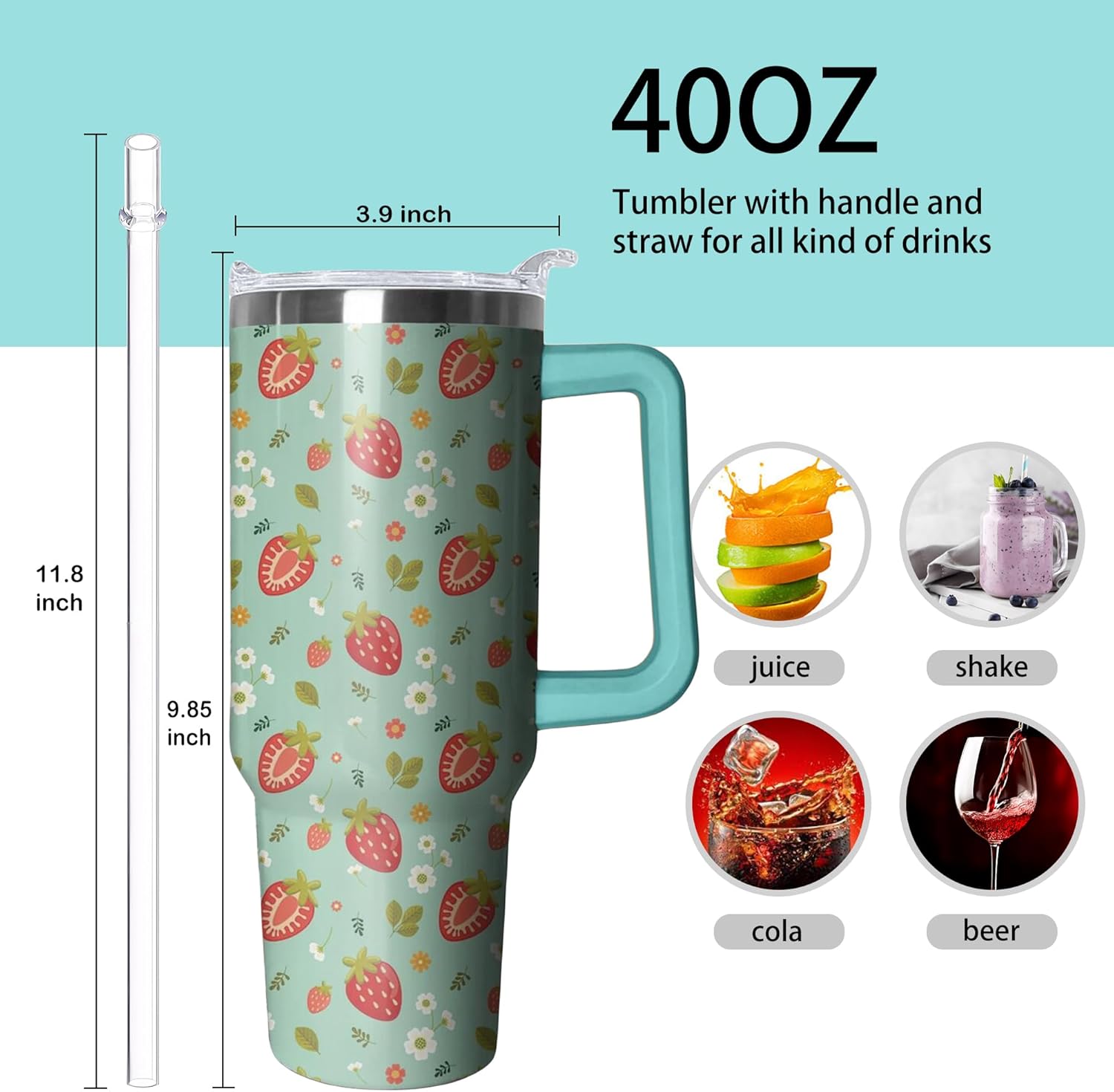 40oz Strawberry Stainless Steel Tumbler with Handle and Straw, Insulated Cup Travel Coffee Mug Water Bottle with Lid and Straw Women Gifts - Image 2