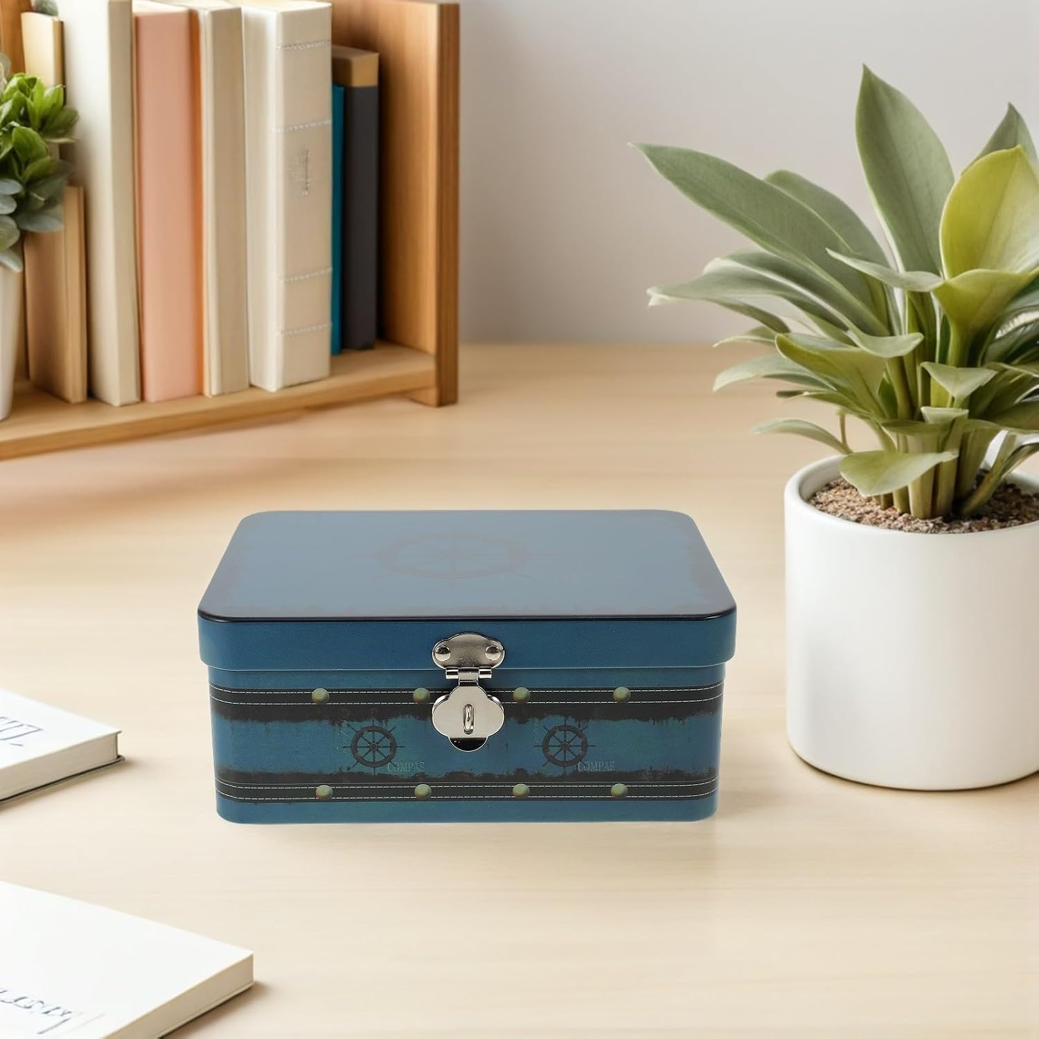 PRETYZOOM Vintage Tinplate Storage Box 2 Pack with Lock, Navy image 4