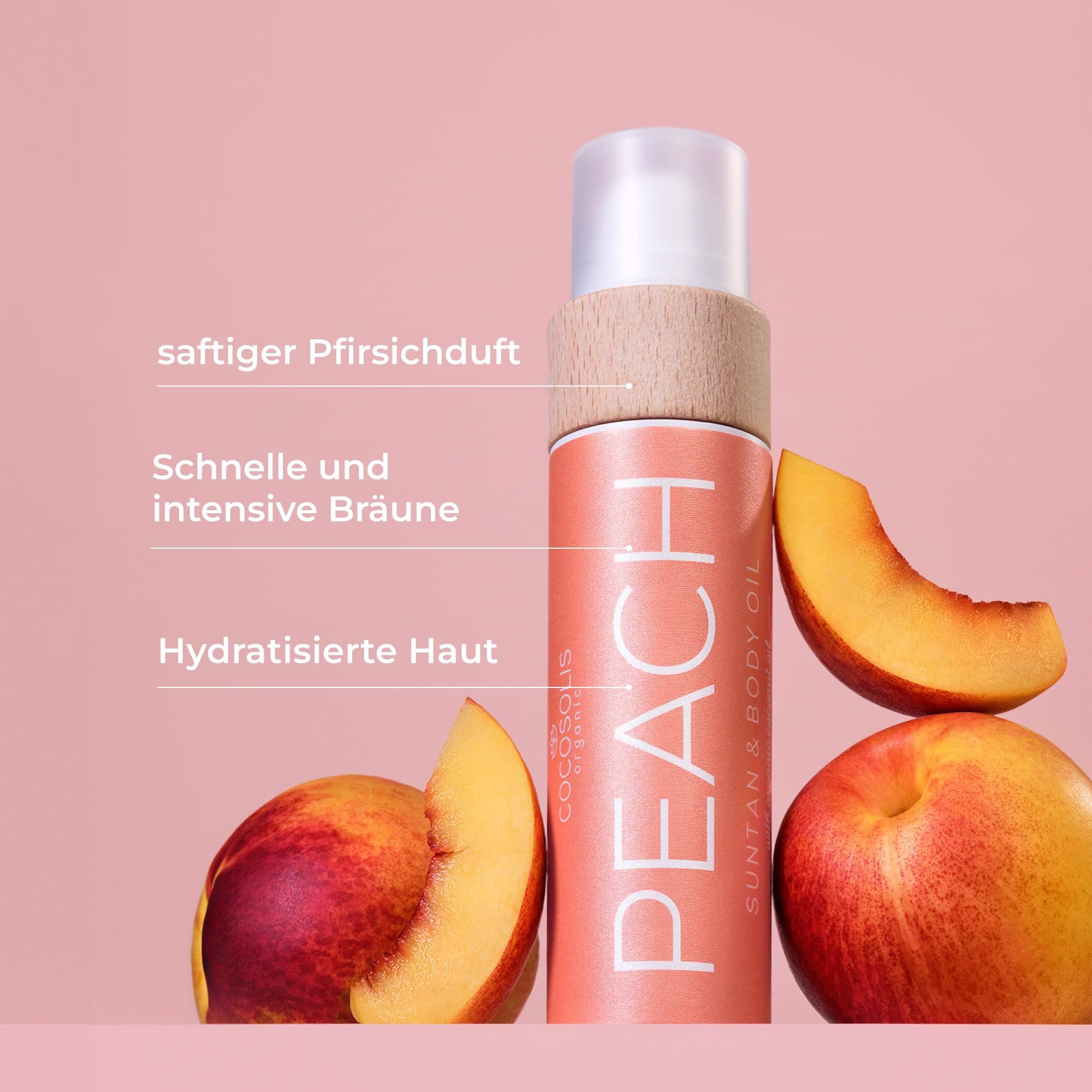 COCOSOLIS PEACH Bräunungsbeschleuniger – Bio-Bräunungsöl mit Vitamin E & Duft nach Pfirsich für schnelle intensive Bräune – Bräunungsverstärker für satte Bräune - pflegende Bodylotion