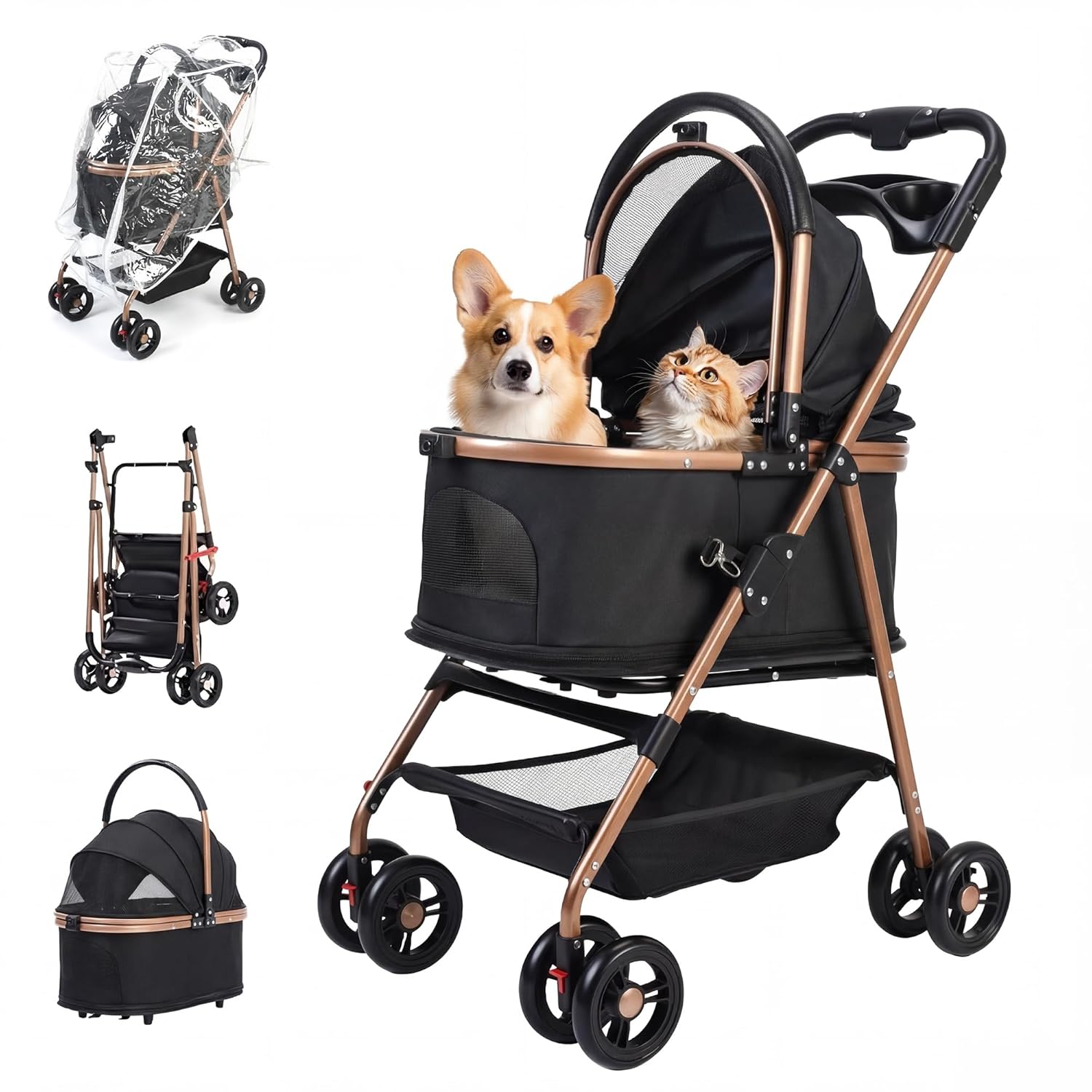 pet Stroller with Removable Carrier cat Dog Stroller with Aluminum Alloy Frame and 900D Oxford Fabric, Featuring one-Touch Folding,Includes rain Cover,for Travel, Walking,Shopping (Black)