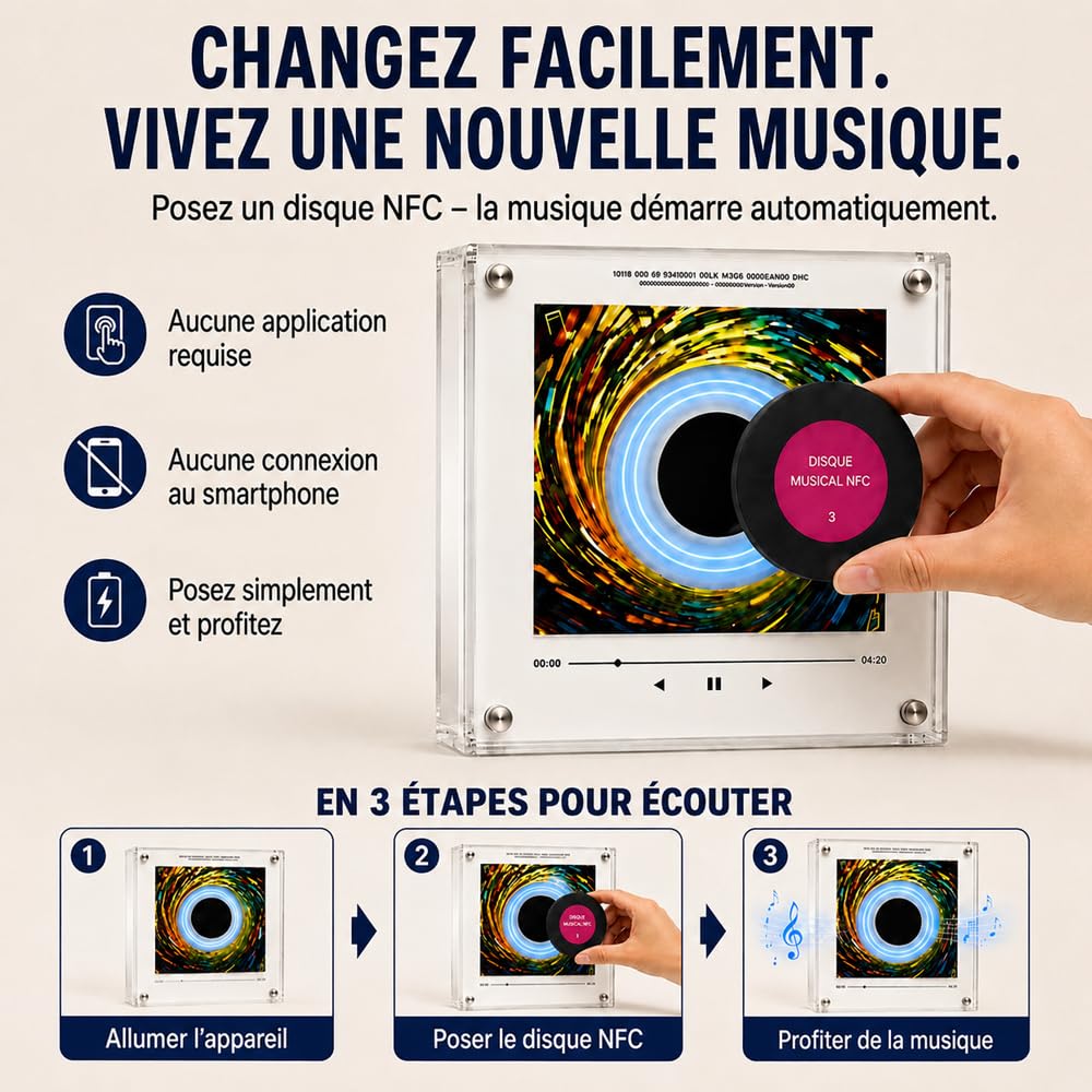 Aimant De Frigo Musical Noel,Mini Vinyle Frigo Noel,9 Disques Programmables,128 Mo De MéMoire IntéGréE,Audio Personnalisé, LumièRes LED,Commutation Facile,Chargement USB-C (B)