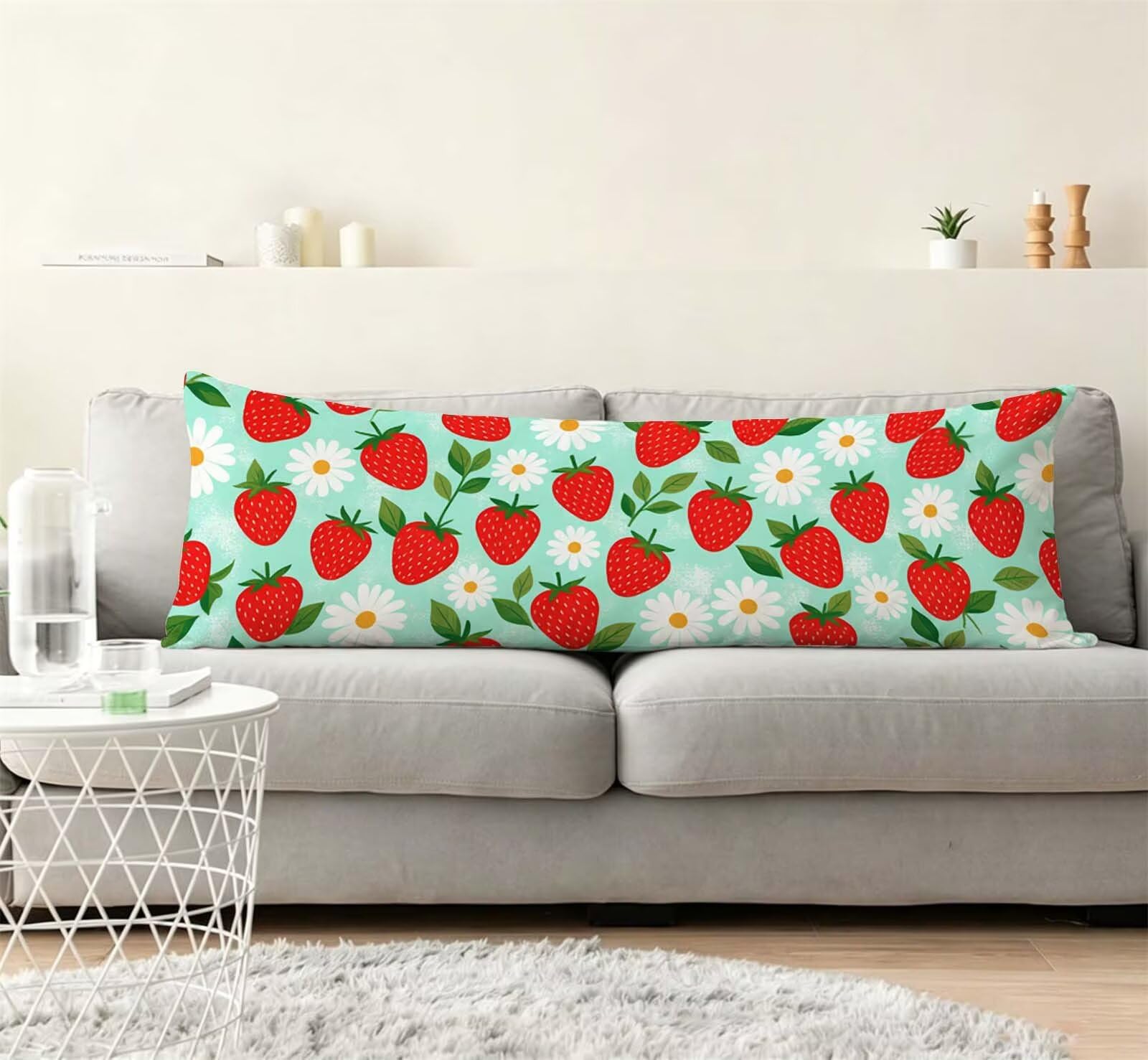 Fodera Cuscino 55 x 160 cm, Fragola-1 Lino Copricuscini Letto, | con Invisibile Cerniera, Morbida e Traspirante, per biancheria da letto, divano, hotel, chi dorme sul fianco Blu j-61