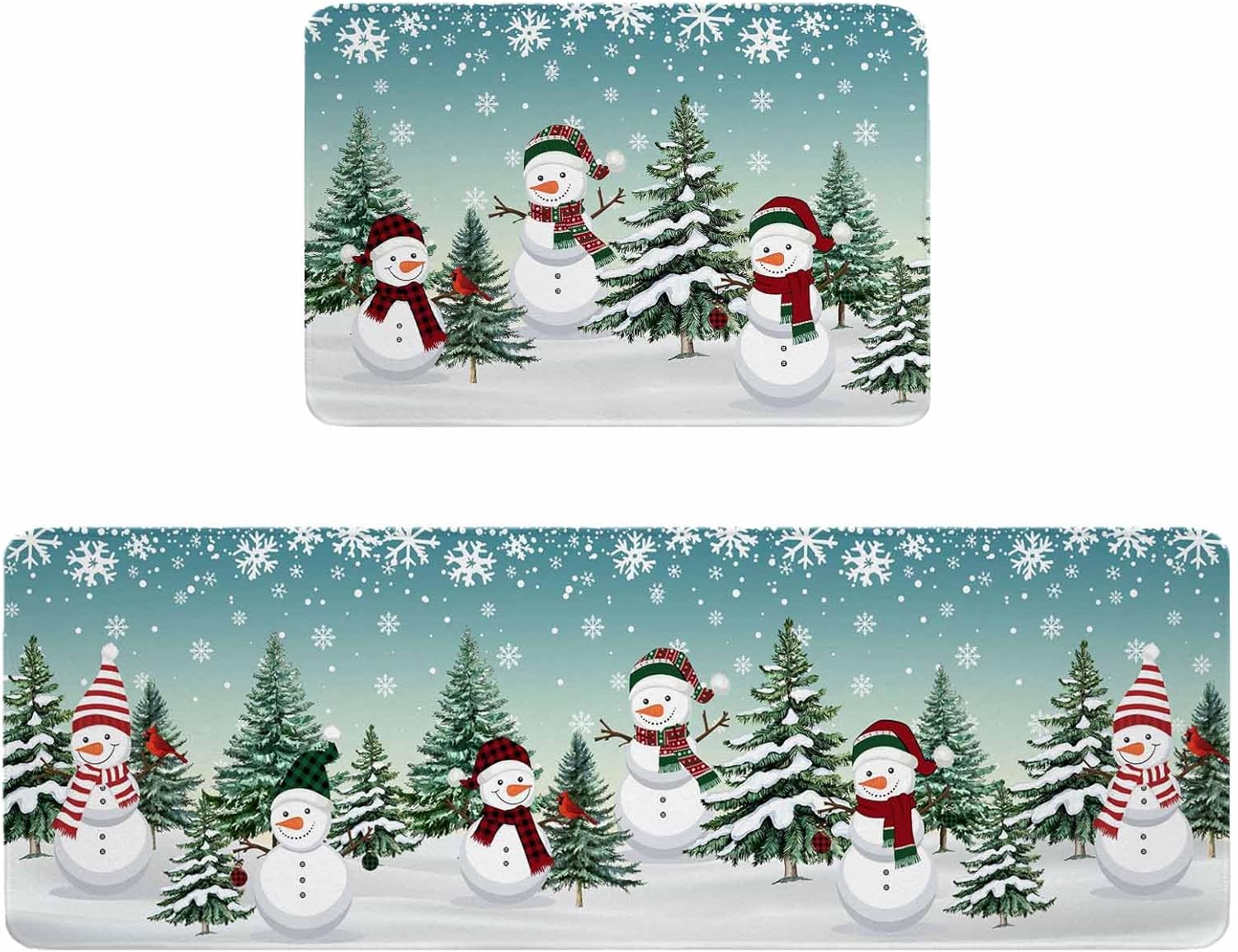 Christmas Snowman Kitchen Rugs and Mats Set of 2, Teal Ombre Xmas Tree Bathroom Rug Non Slip Floor Mat for Laundry, Aurora Merry Christmas Snowflake Cushioned Anti-Fatigue Comfort Mat for Kitchen