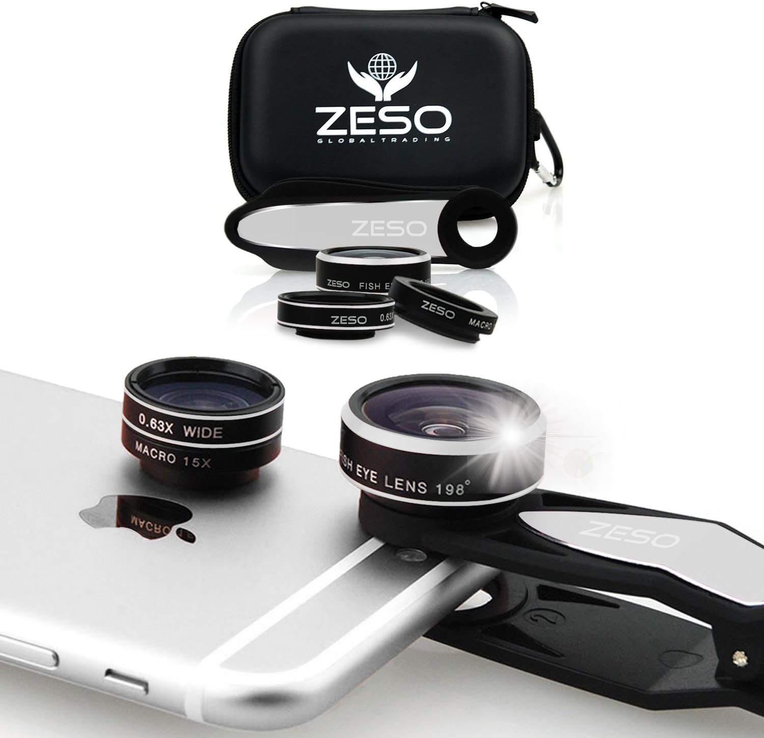 Cell Phone Camera Lens 3 in 1 Kit by Zeso | Professional Fisheye, Macro & Wide Angle Lenses | for iPhone, Samsung Galaxy, Android, iPads, Tablets | Universal Phone Clip & Hard Storage Case | 4 Colors
