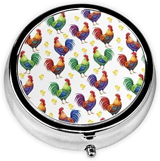 Mini Pill Dispenser, Watercolor Rooster and Chicken Round Sturdy Case, Travel Organizer for Supplements, Pocket Purse Container for Business Trips