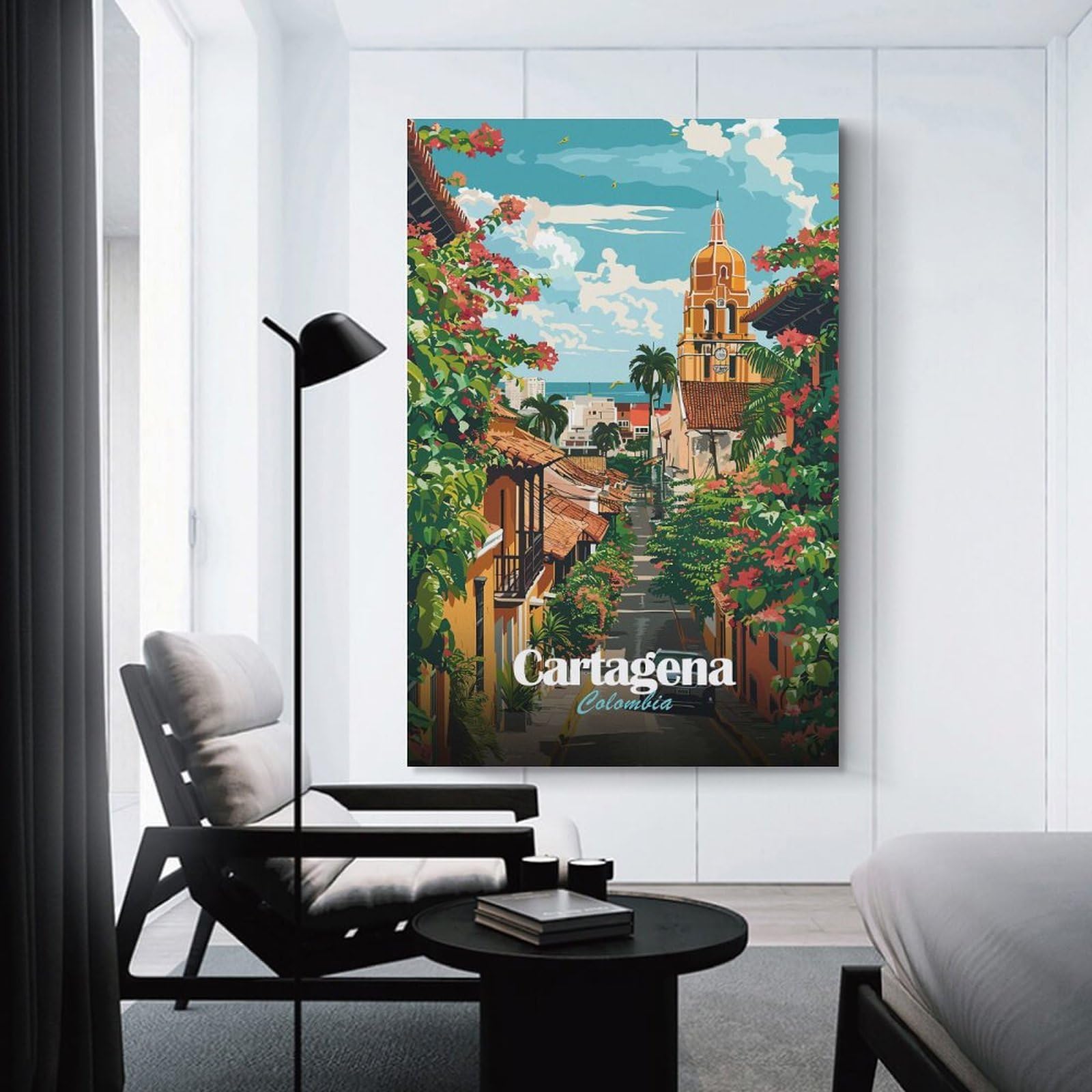 Junmoney Cartagena, Colombia Street View Illustration Canvas Wall Picture 20x30inch(50x75cm), for Entryway, Lounge Links Or Small Walls, Decorative Canvas Styling for Entry Areas