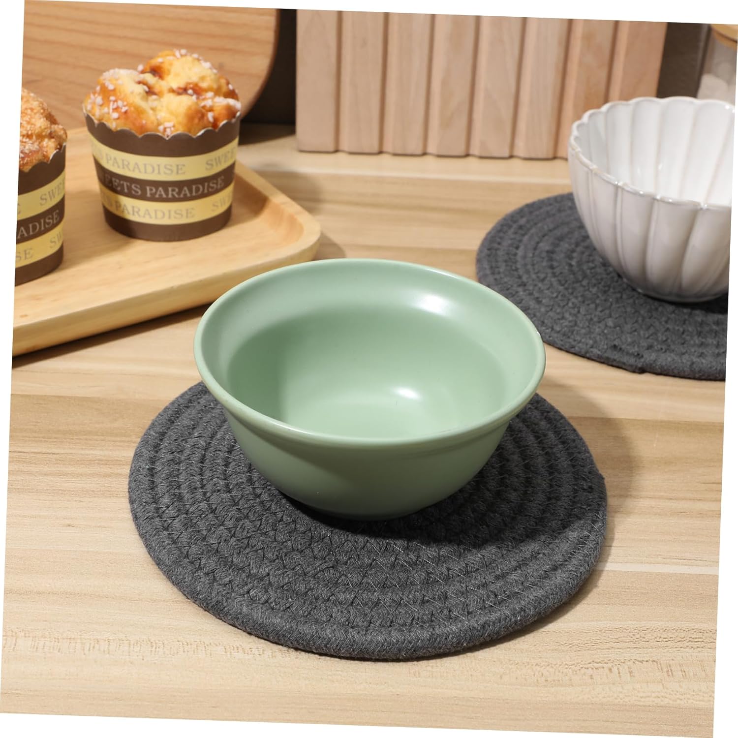 織物プレースマット 1セット コットンロープ 織物プレースマット ポットホルダー 織物ラウンドプレースマット 鍋敷き 温かい料理用