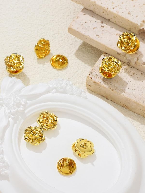 Yuxung 16 Pcs Gold Lapel Pins for Men Metal Rose Brooch Pin Gold Floral Lapel Pins for Men Suit Groom Tuxedo Accessories for Wedding Birthday Anniversary Holiday Jewelry Unisex Gift by Yuxung - Image 4