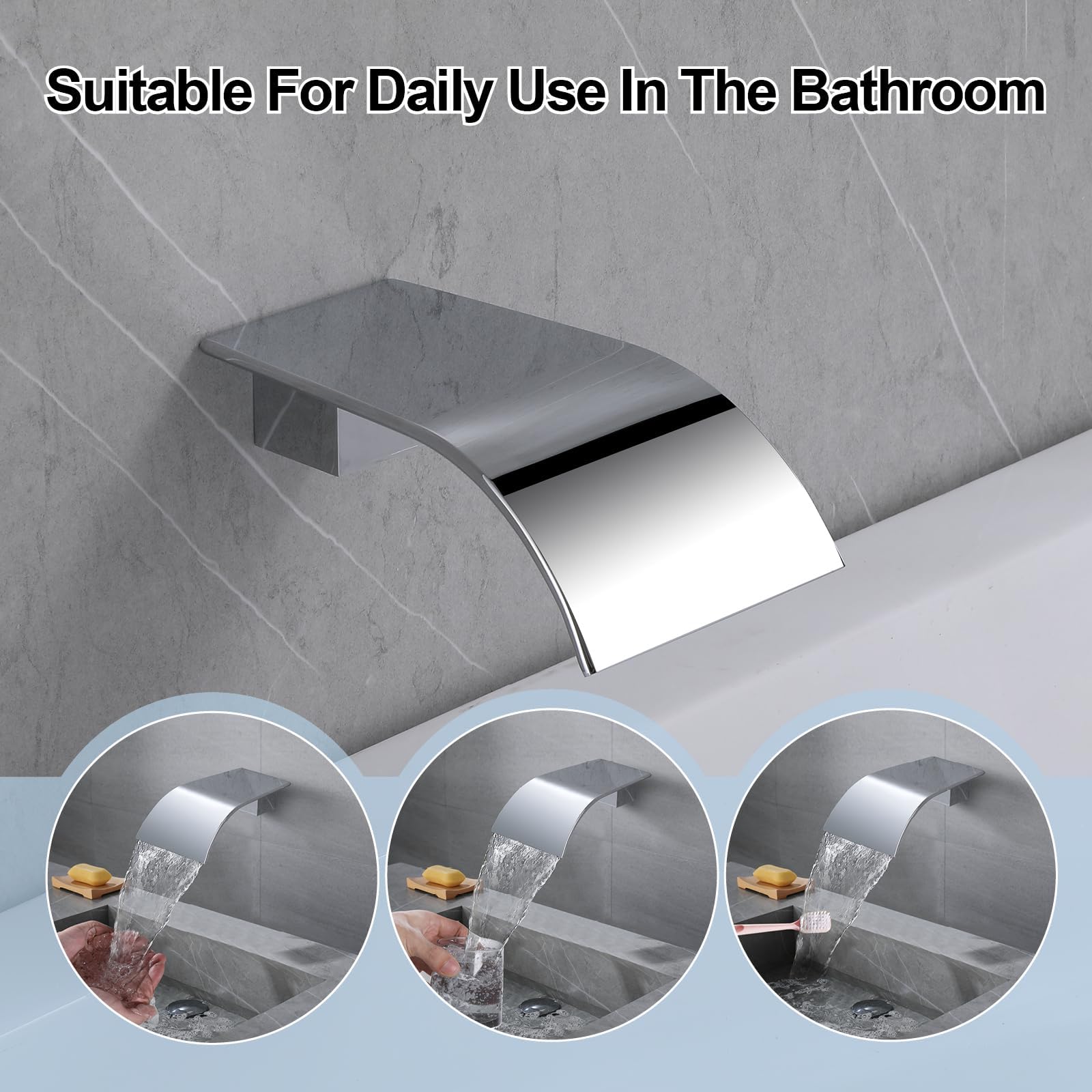Bec de robinet de baignoire, pulvérisateur de robinet cascade à haut débit, robinet d'évier de navire, bec cascade de salle de bain, bec de douche de rechange attachmen, chrome