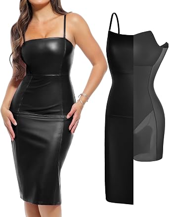Popilush Leather Dress for Women Shapewear Slimming Midi Dress Square Neck Side Zipper Bodycon for Cocktail Party Club