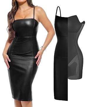 Popilush Leather Dress for Women Shapewear Slimming Midi Dress Side Zipper Square Neck Bodycon for Cocktail Party Club