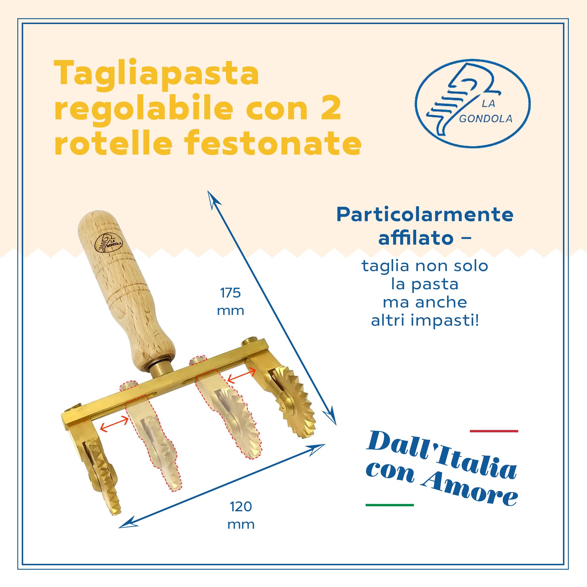 LA GONDOLA Rotella Tagliapasta Doppia Regolabile Festonata (a stella) in Ottone ed Impugnatura Legno, Prodotto Artigianale Made in Italy