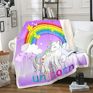 Girls Unicorn Throw Blanket Queen Size Kids Unicorn Butterfly Fleece Blanket Cute Rainbow Unicorn Print Fuzzy Blanket Girly Galaxy Stars Bed Blanket Bedroom Decor Children Cartoon Unicorn,Purple
