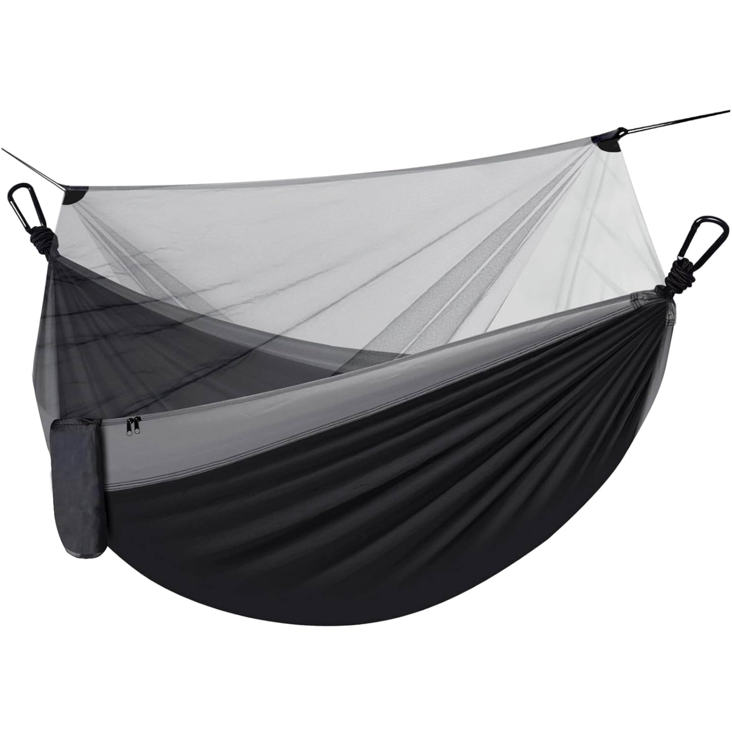 Durable Hammock 500 lb Capacity, Nylon Camping Hammock Chair - Double or Single Sizes w/Tree Straps and Attached Carry Bag - Portable for Travel/Backpacking (Large, Black with Net)