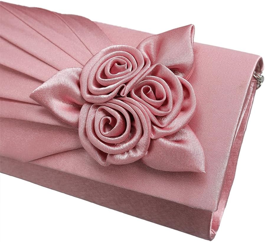 Pleated Satin Floral Evening Purse for Women Chic Soft Handbag Fit for Wedding Dress Ball Gown Formal Dress