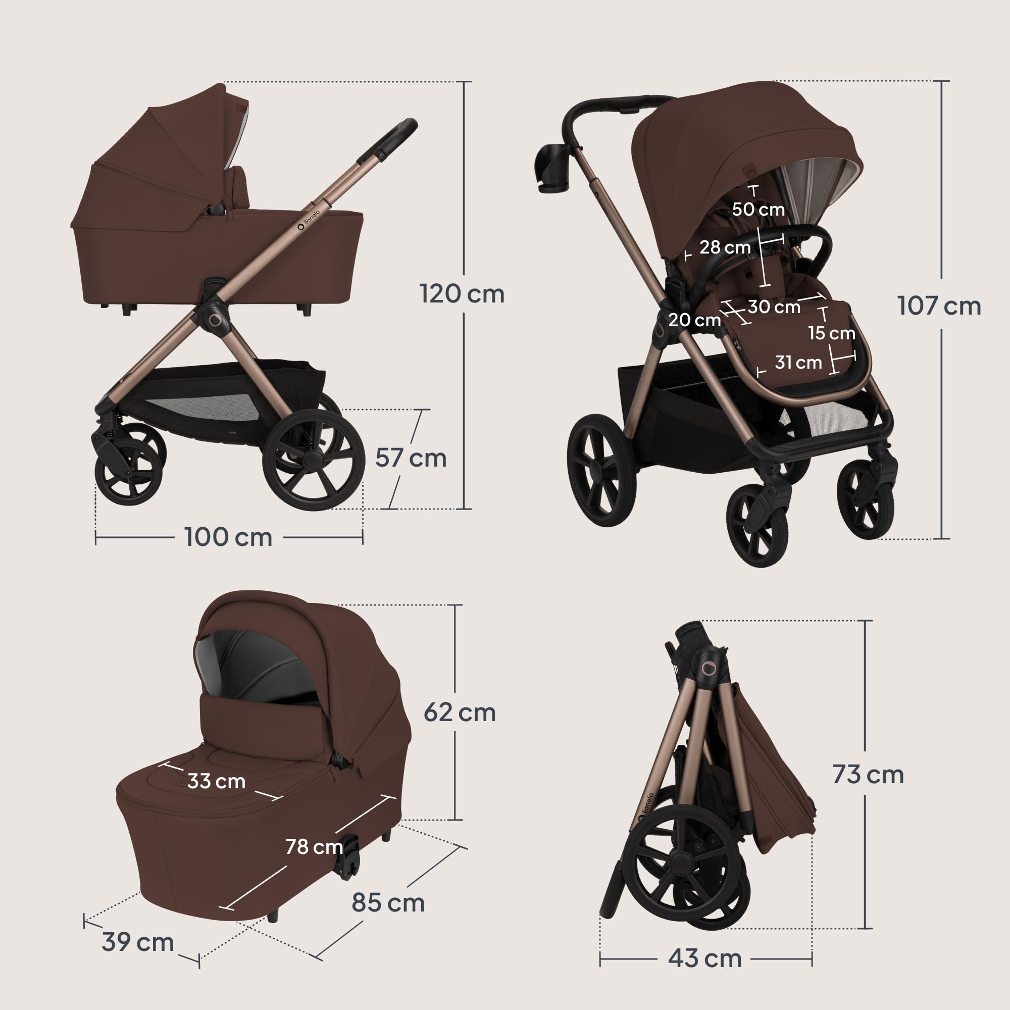 LIONELO Carmine Passeggino Trio 3 in 1 per Bambini 0-4 Anni fino a 22 kg | Sistema Modulare Pieghevole, Navicella Portatile e Seggiolino Auto Ovetto, Ruote GravelTech, Ammortizzazione, Cappottina XXL
