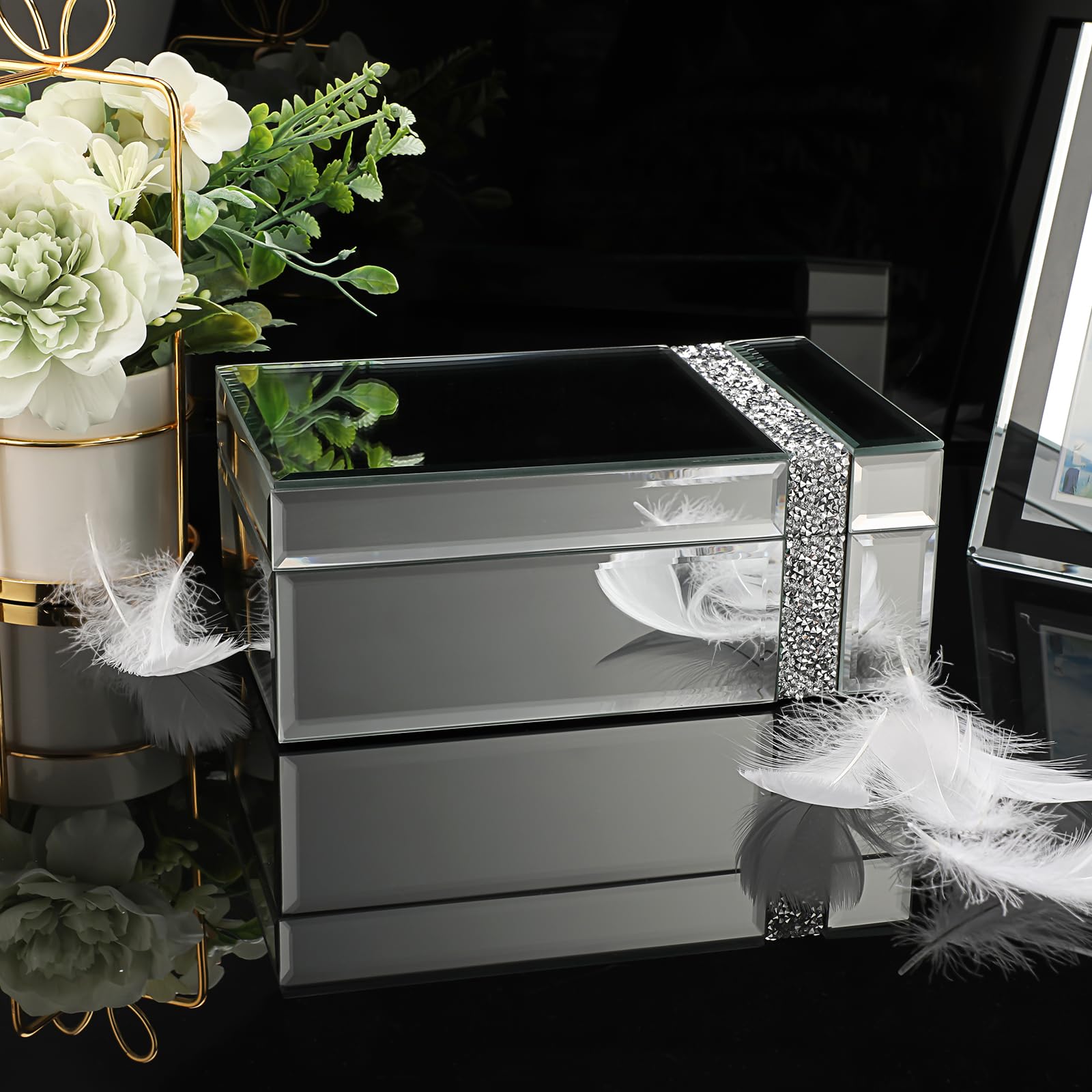 Verspiegelte Schmuckschatulle mit silbernen zerkleinerten Diamanten, Glas-Schmuckkästchen mit schwarzem Innensamt, für Halsketten, Ohrringe, Ringe, Aufbewahrungsbox für Kommode, Desktop-Party,
