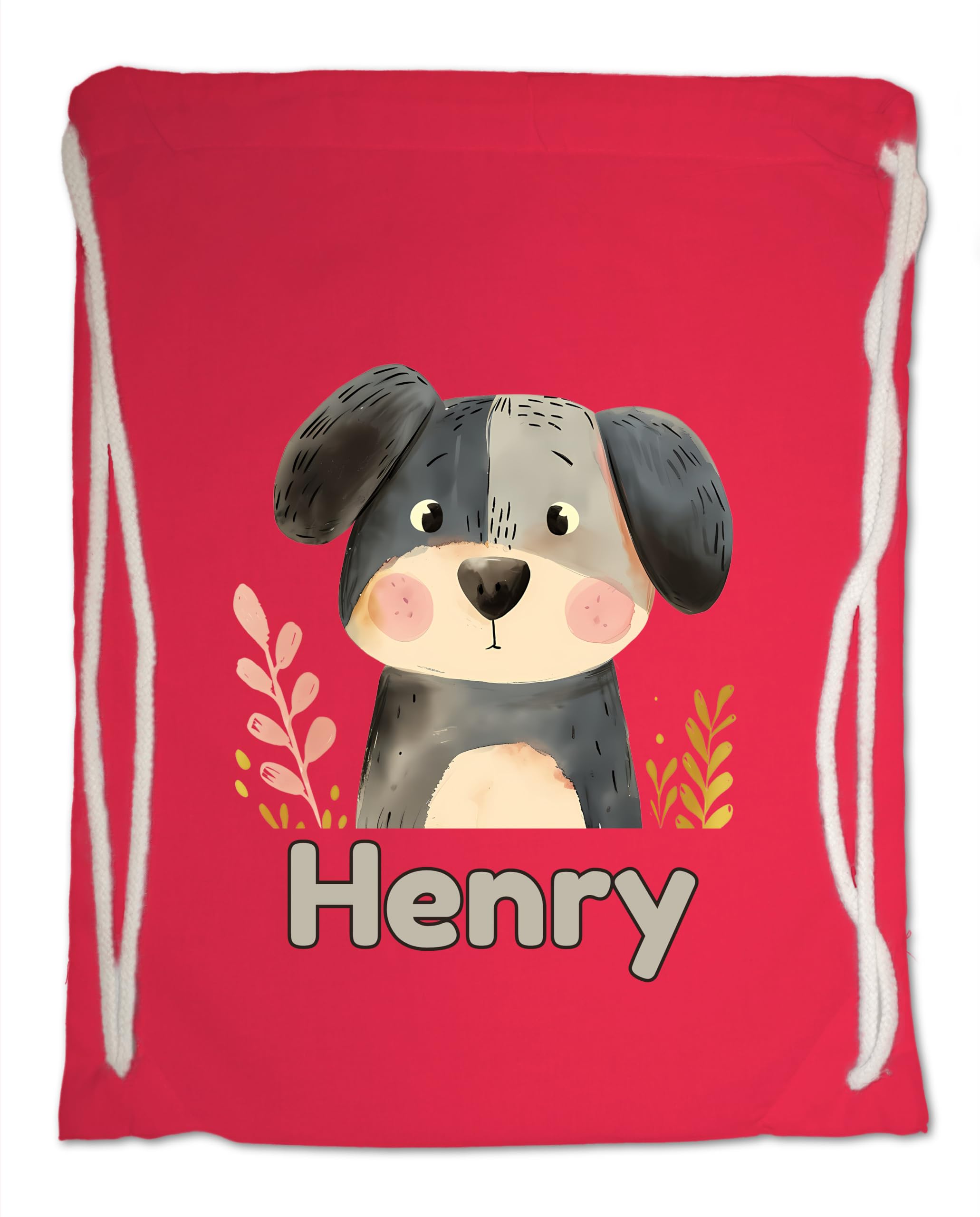 Personalised Any Name Dog Gym Bag for Kids - Cute Watercolour Puppy. Cotton, Ideal for School, Nursery, Swimming, Travel (Bright Red)