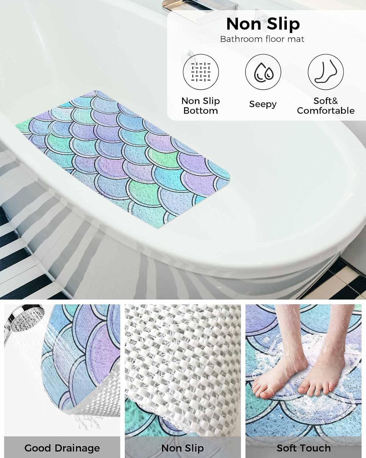 Colorful Scales Non-Slip Bathtub Mat, Blue Green Teal Fish Scales Ocean PVC Bath Mat for Tub Quick Drying Shower Mats for Inside Shower, Foot Scrubber Loofah Bathroom Mats 24x16 Inches