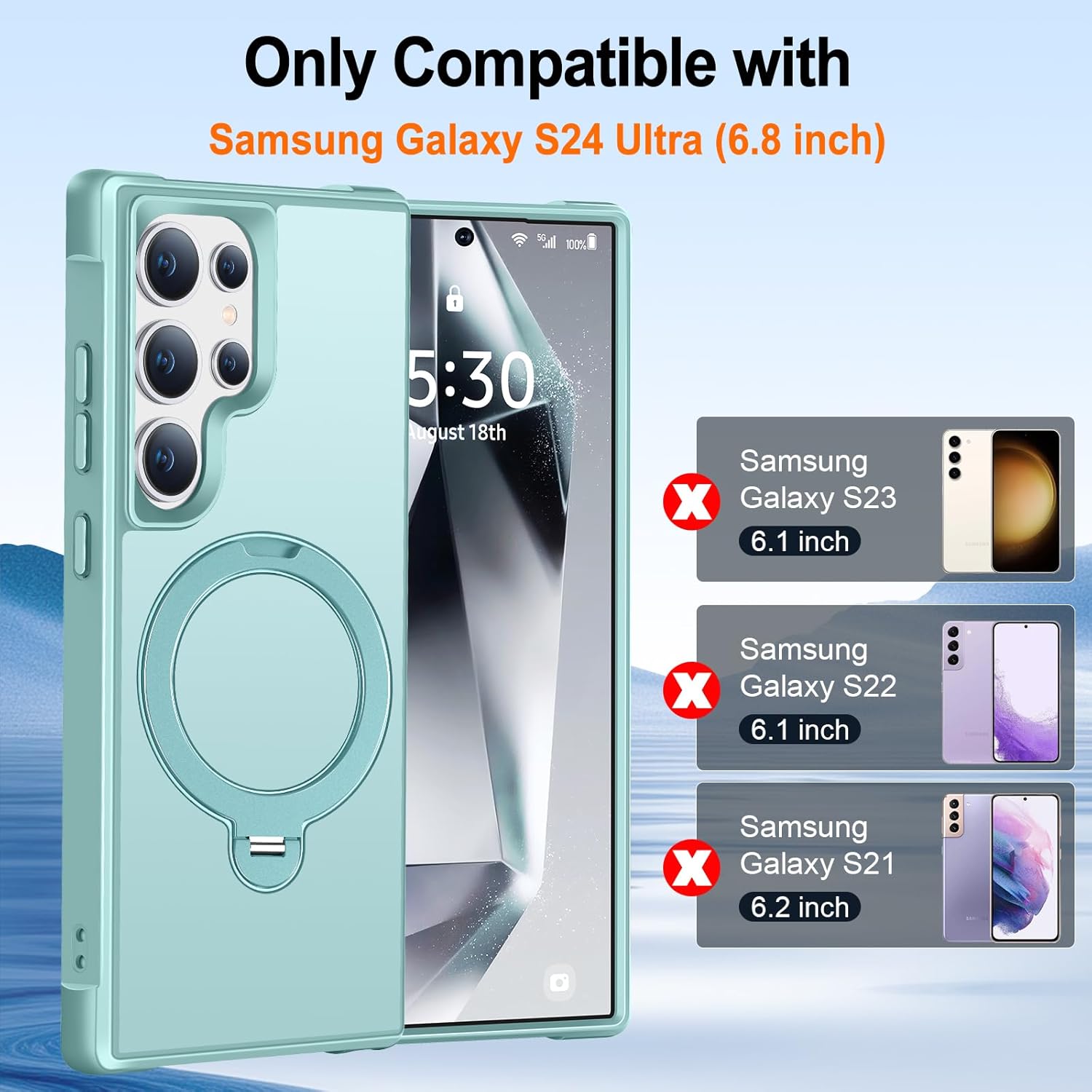 HuwaiH 360° Rotatable Magnetic Ring Stand for Samsung Galaxy S24 Ultra Case, Compatible with MagSafe, Military-Grade Shockproof, Anti-Scratch Matte Translucent for S24 Ultra Phone Case(Lake Blue)