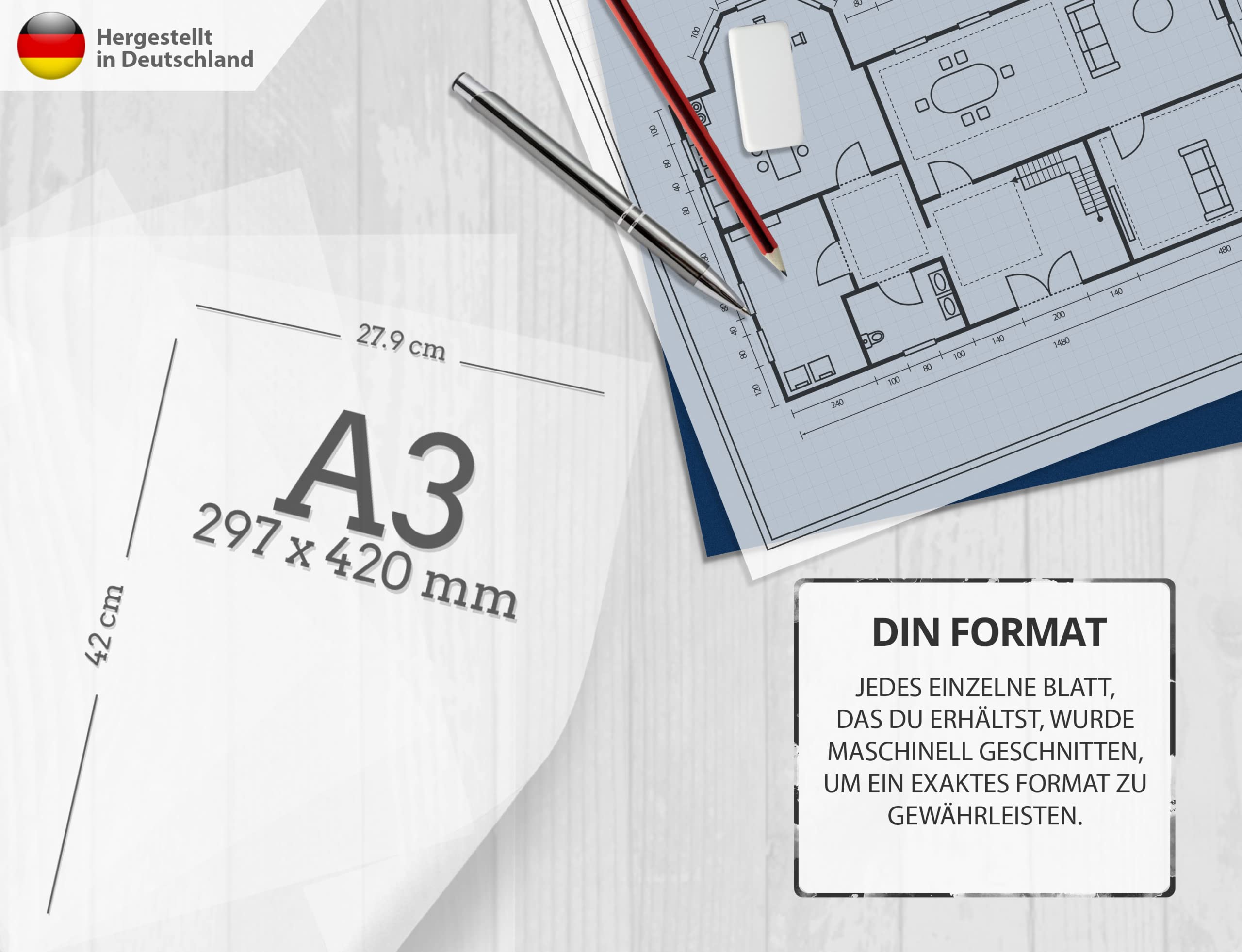 Papier calque blanc transparent imprimable - DIN A3 - Papier calque pour imprimer et bricoler - Couleur : blanc - Qualité supérieure 85 g/m² - Fabriqué en Allemagne - À découper