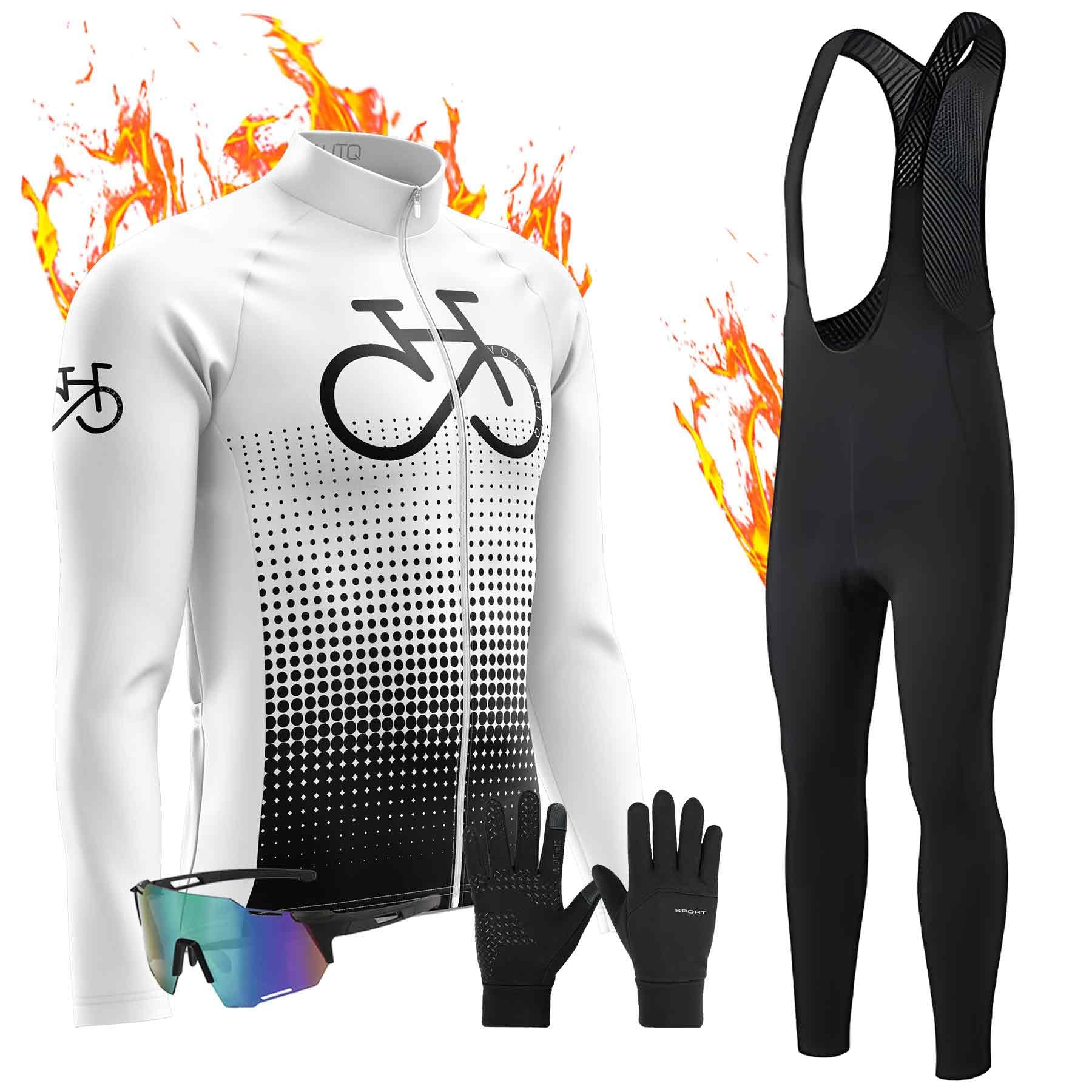 Men's Winter Cycling Jersey Sets Long Sleeve Fleece Thermal Bike Shirt+Winter Cycling Gloves