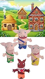 Fantoches Historia dos Três Porquinhos e o Lobo Mau De Mão 25cm Kit Com 4 Personagens de Tecido Feltro