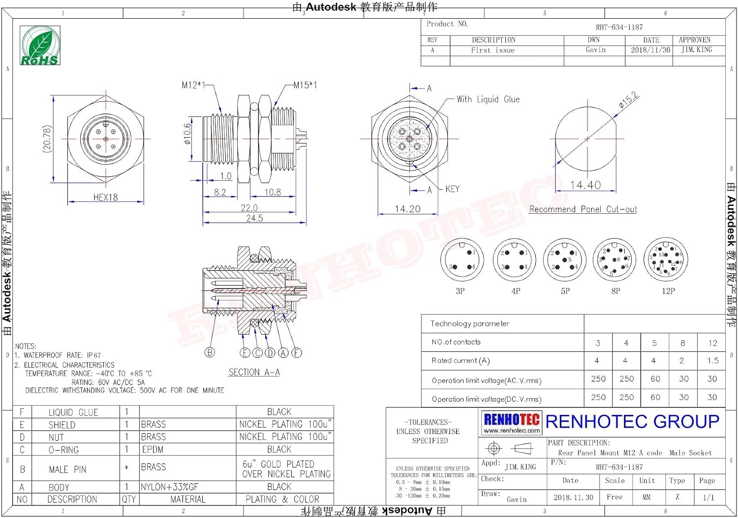 Elecbee M12 Connector Socket Mount M16 x 1.5 Individual Wires 0.5M Shiled (A Code 8 Pin Male Back Mount)