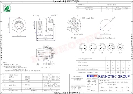 Elecbee M12 5 Pin Panel Mount Connector A Code Socket Male Shiled Contacts with Solder Waterproof Male 5 Pole Panel Mount M12 Connector