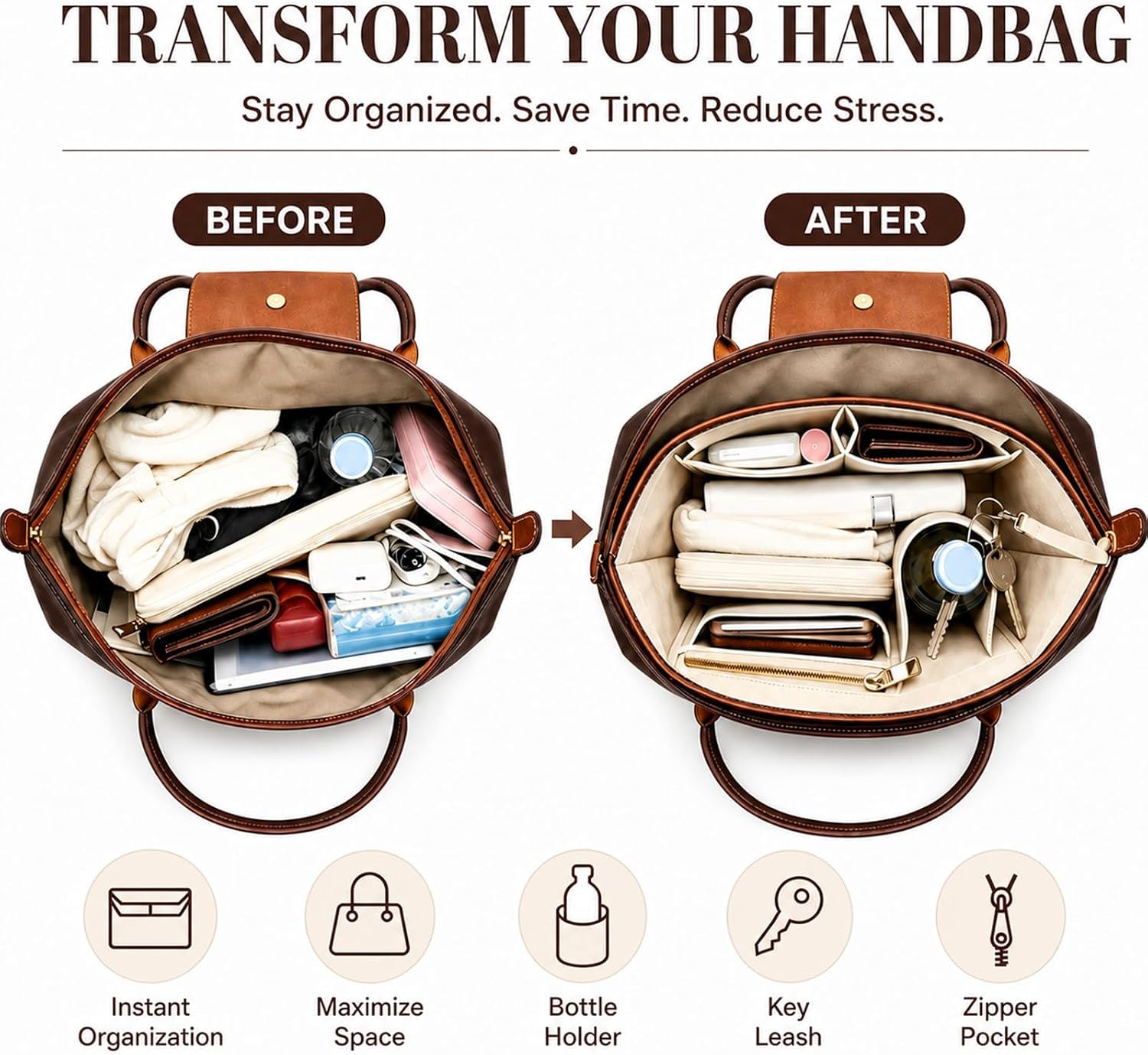 Purse Organizer Insert, Felt Handbag Organizer with 9 Compartments, Zipper Pocket, Key Leash and Bottle Holder, Tote Bag Insert for Daily Use, Travel and Work image 3